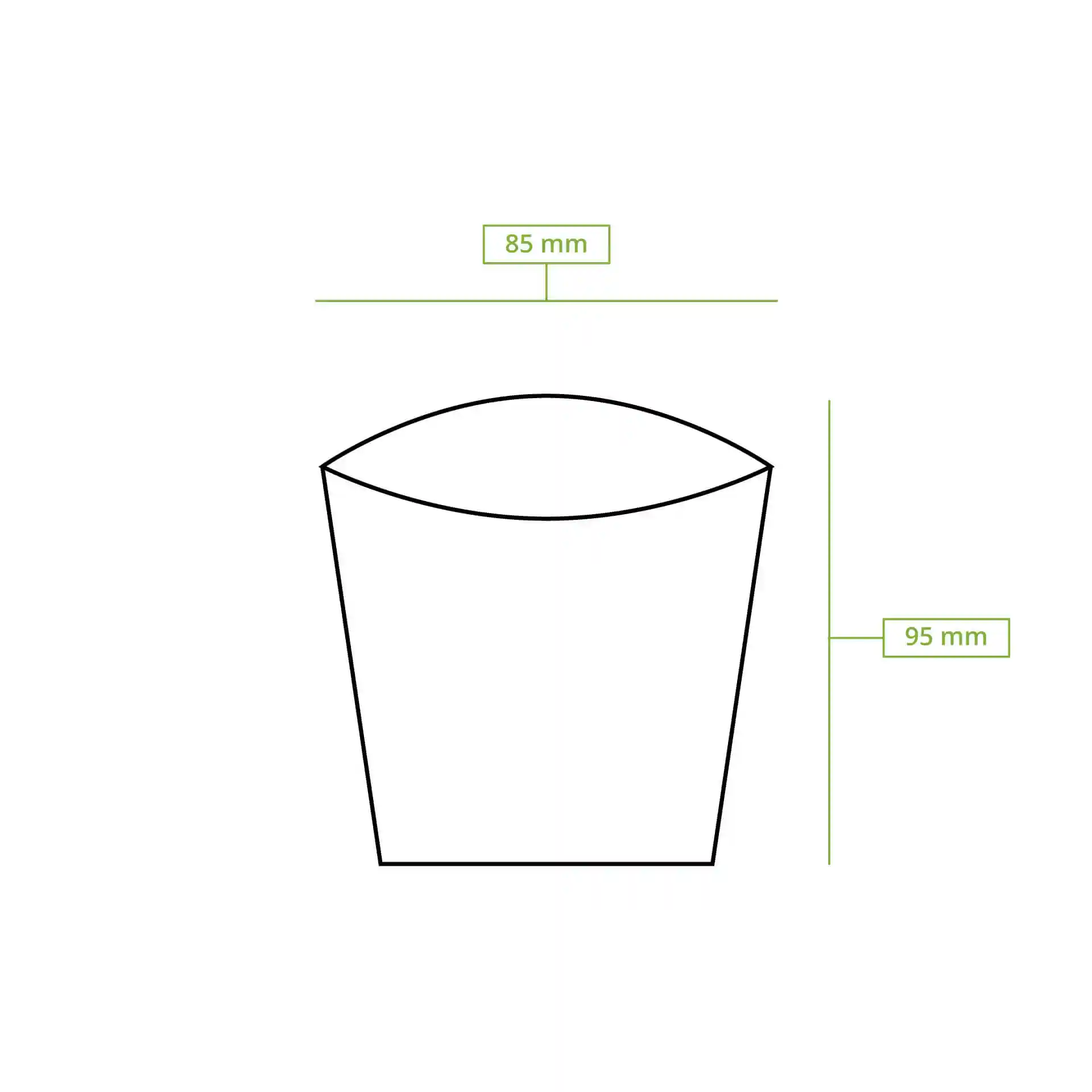 Schematische Zeichnung eines Pappschaufels mit den Abmessungen 85 mm Länge und 95 mm Höhe.