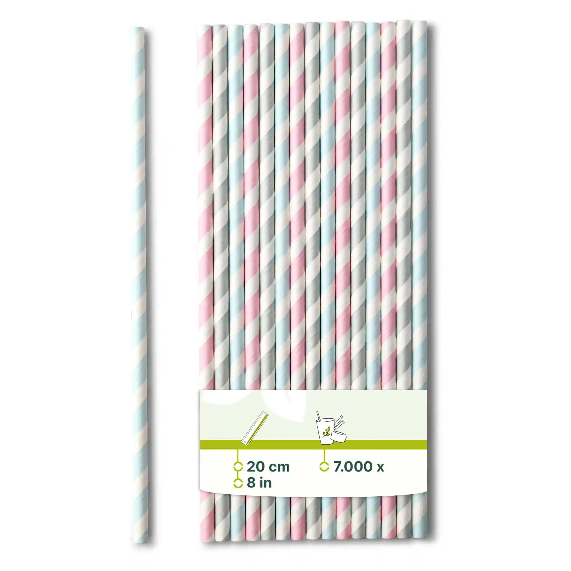 Pastel striped paper straws, 20 cm long and 0.6 cm in diameter, arranged in a bundle with a label.