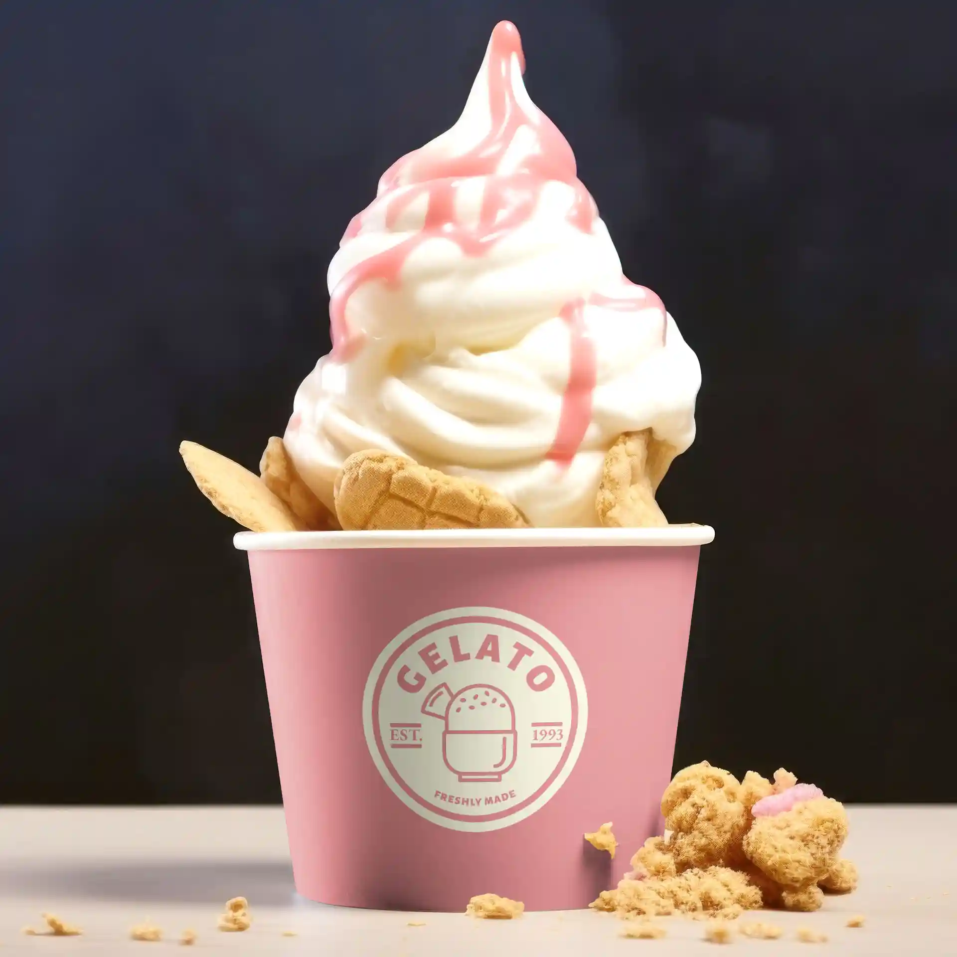 Eiscreme in einem pinken Becher mit Logo, garniert mit geschwungenem weißen und pinken Soft-Serve und Keksstücken daneben.