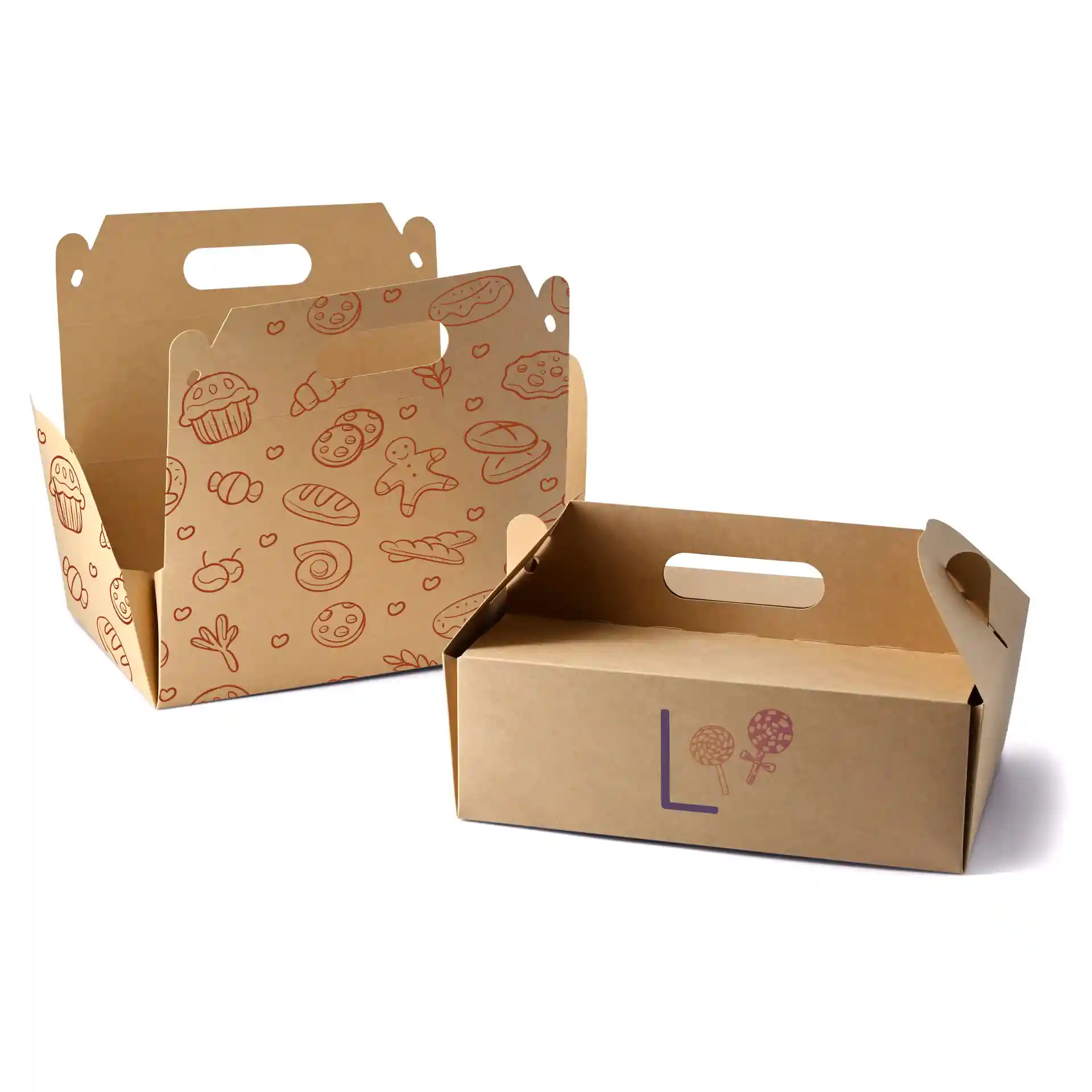 Braune, individuell bedruckte Kuchenboxen mit verschiedenen Lebensmittelillustrationen, eine Box teilweise geöffnet, Maße 26 x 17 x 9 cm.