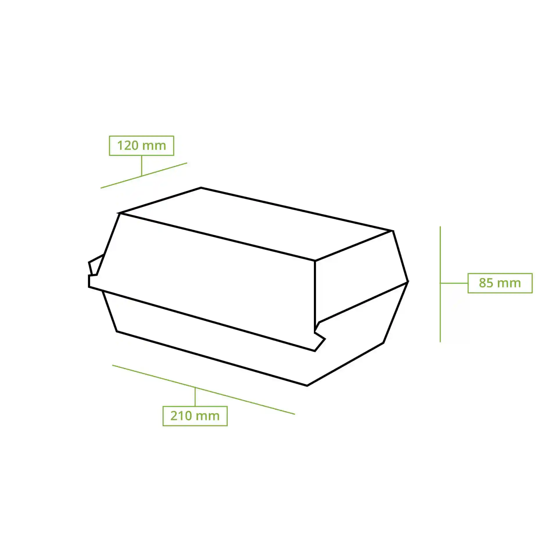 Schematic drawing of a rectangular food box with dimensions 210 mm length, 120 mm width, and 85 mm height.