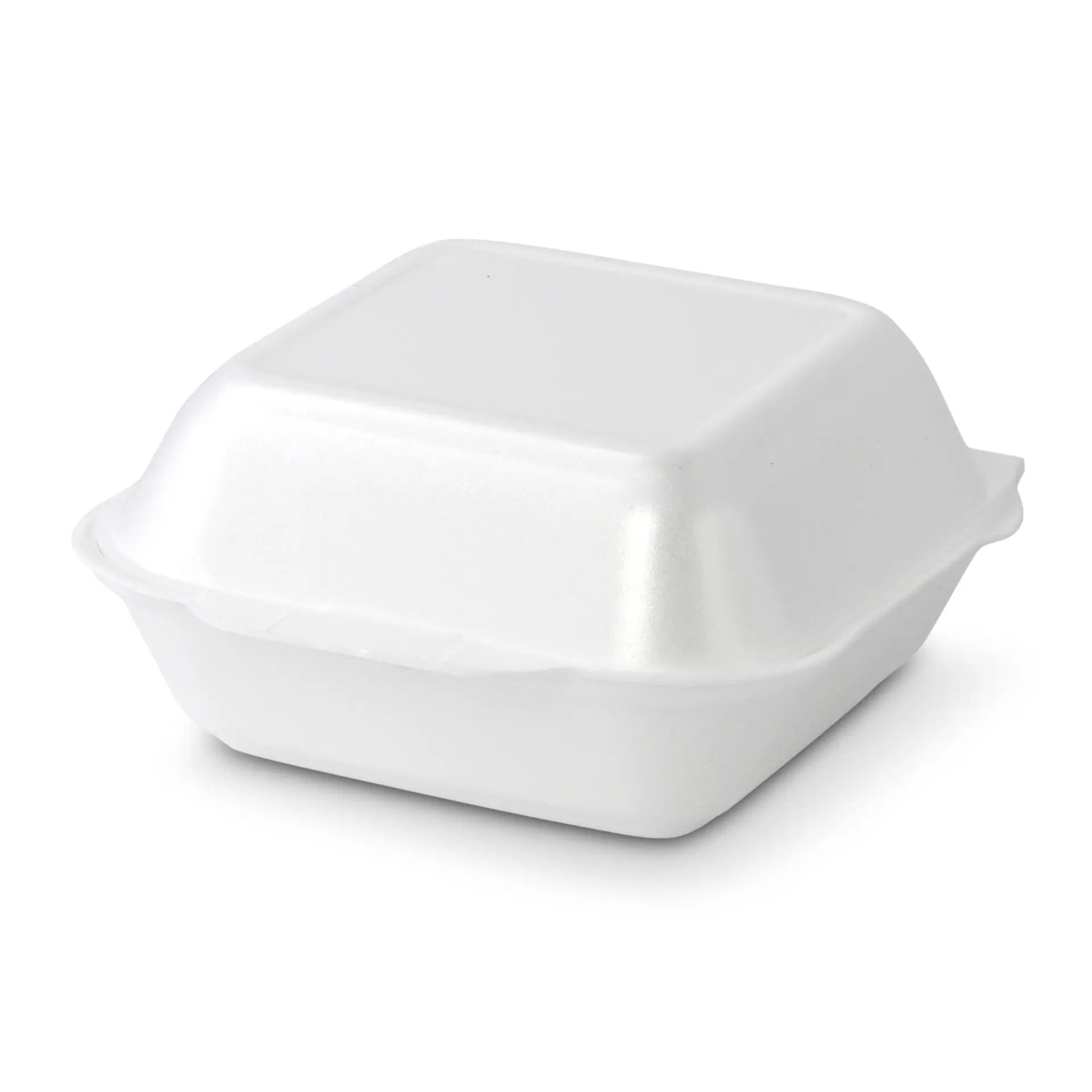 White disposable foam food container with a hinged lid.