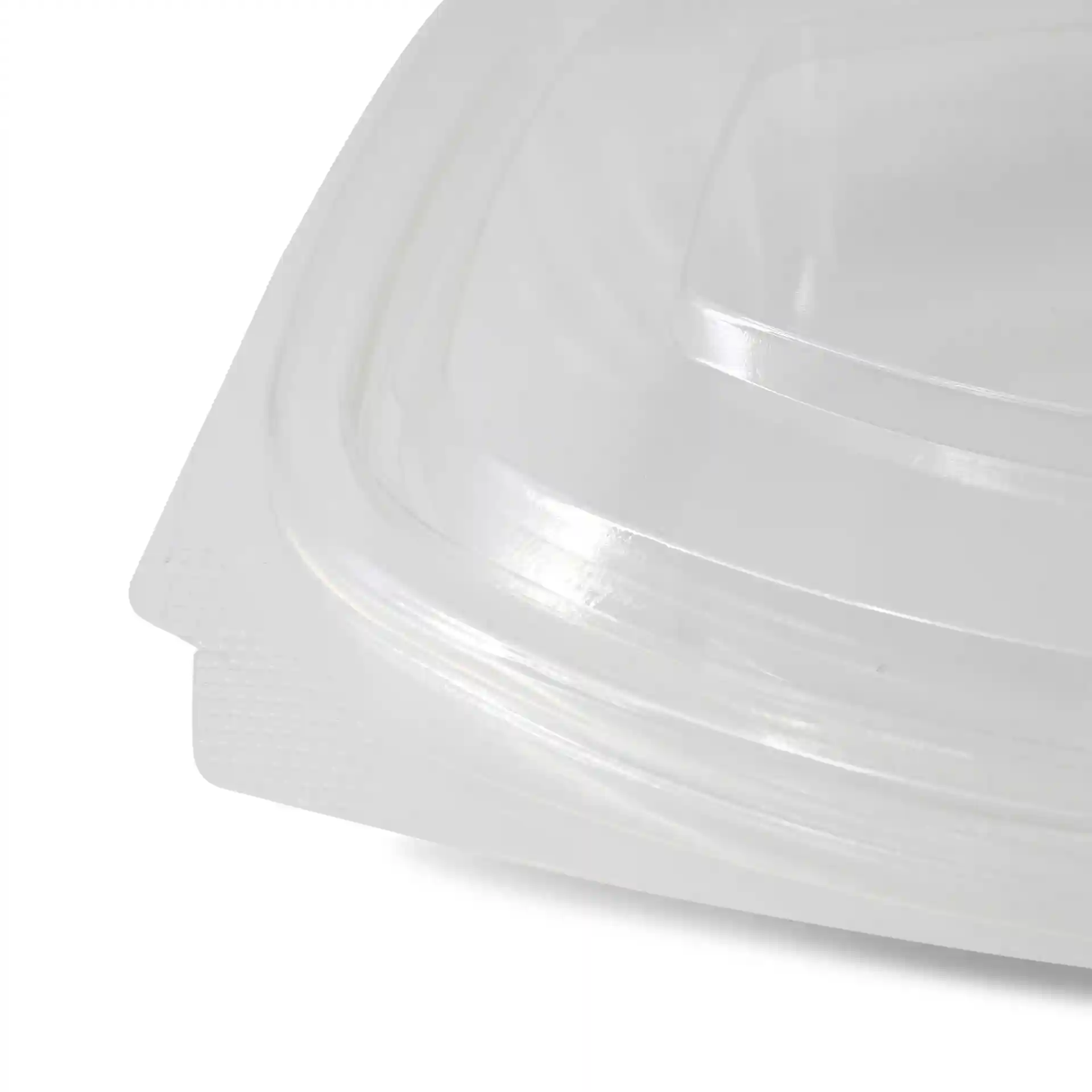 Transparent rectangular PLA deli bowl with a folding lid, partially stacked in the image.