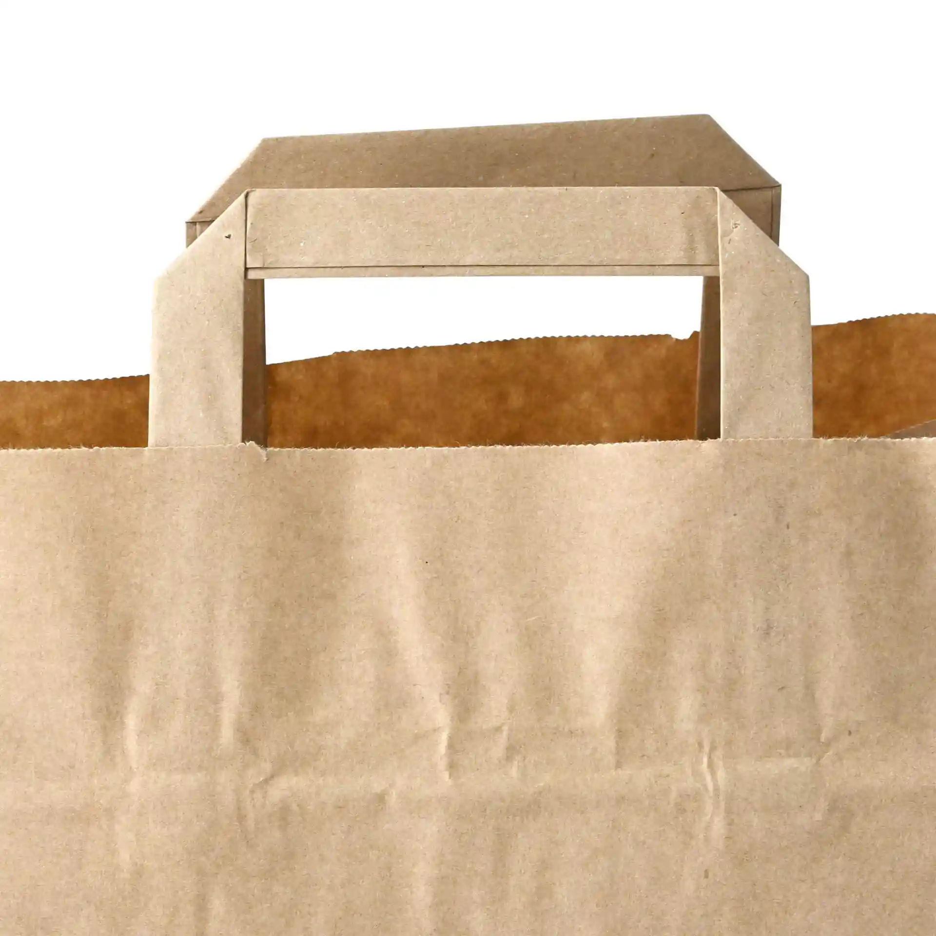 Braune Papiertasche mit rechteckigem Griff, die den oberen Teil und das Innere der Tasche zeigt.