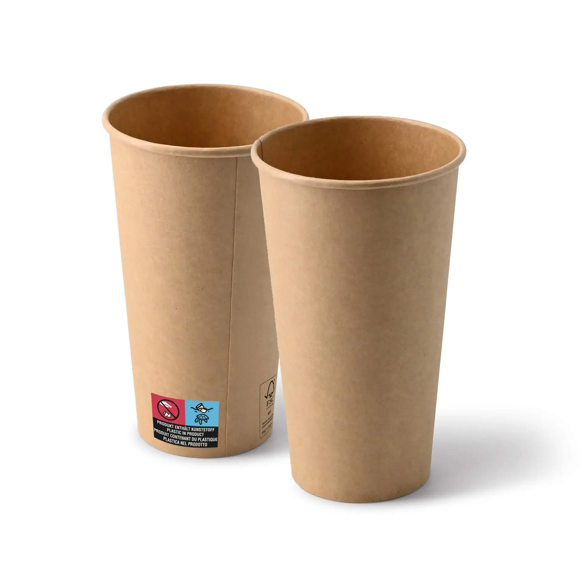 Zwei braune Papiertassen, 20 oz, aufrecht gezeigt mit PE-beschichteter Oberfläche; ideal für Getränke wie Kaffee und Tee.