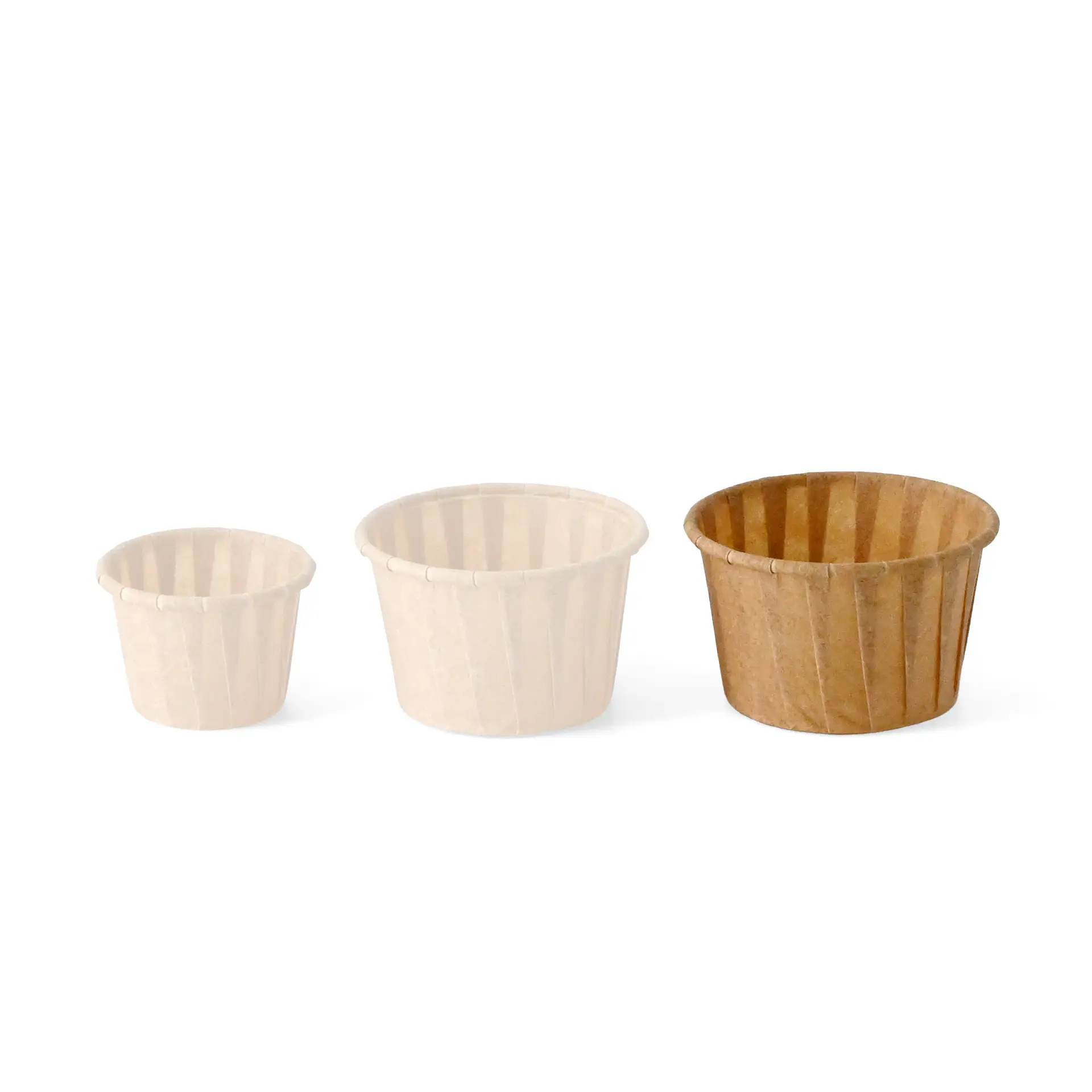 Set of three brown paper cups of varying sizes, designed for dips and sauces, made from biodegradable material.