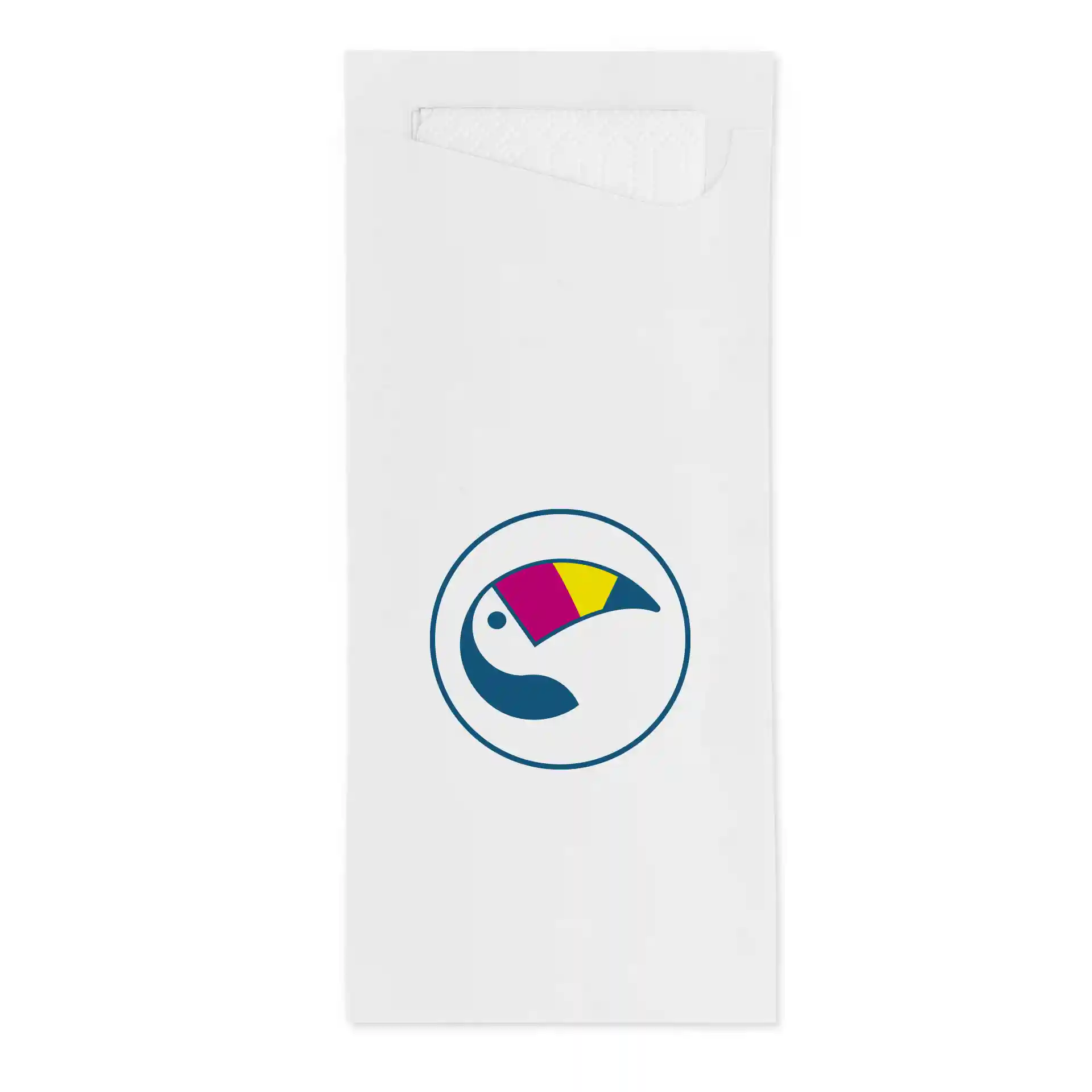 White cutlery pouch with a circular toucan logo featuring pink, yellow, and blue colors.