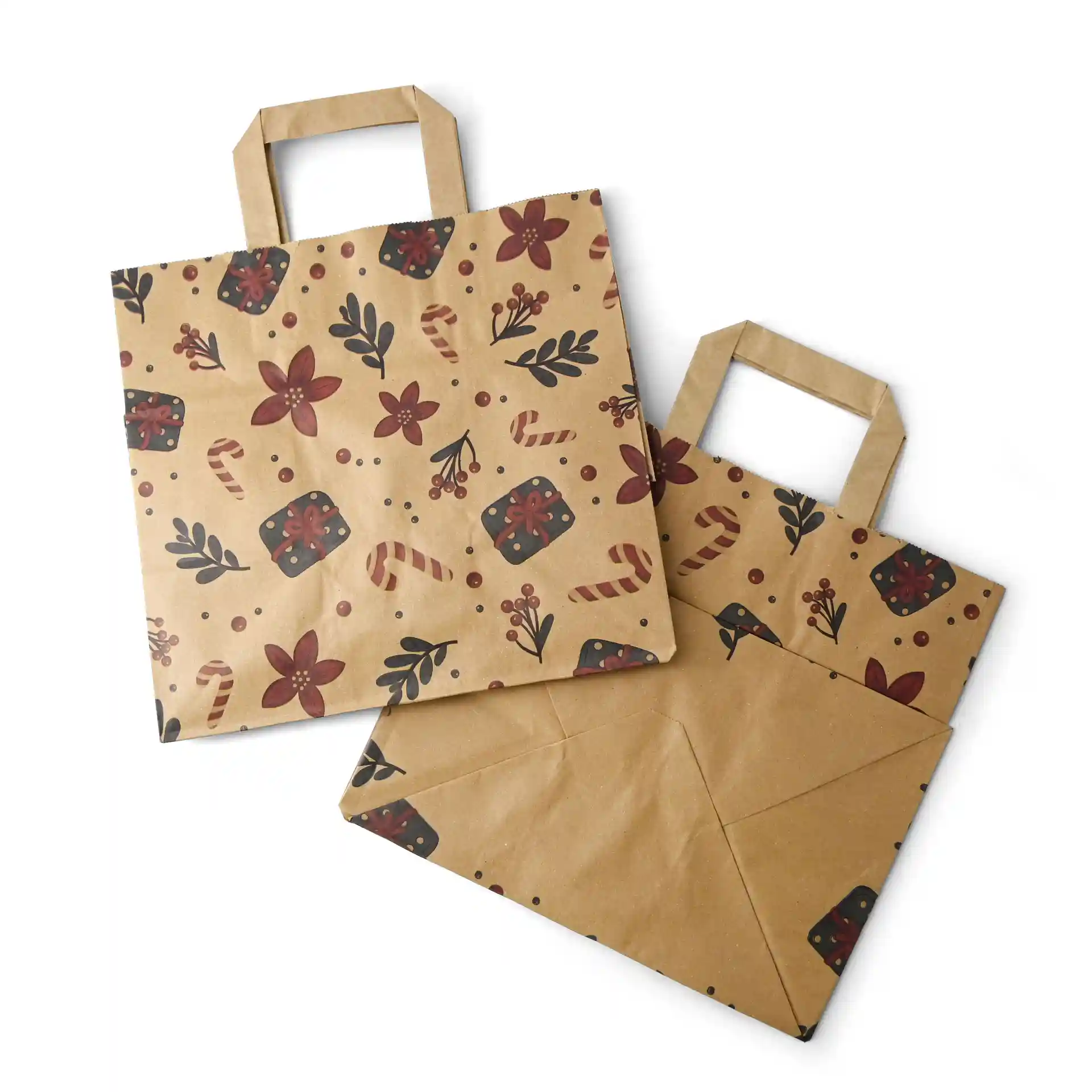 Braune Papiertasche mit Winterdesign, floralem und Zuckerstangenmuster, mit zwei Griffen.