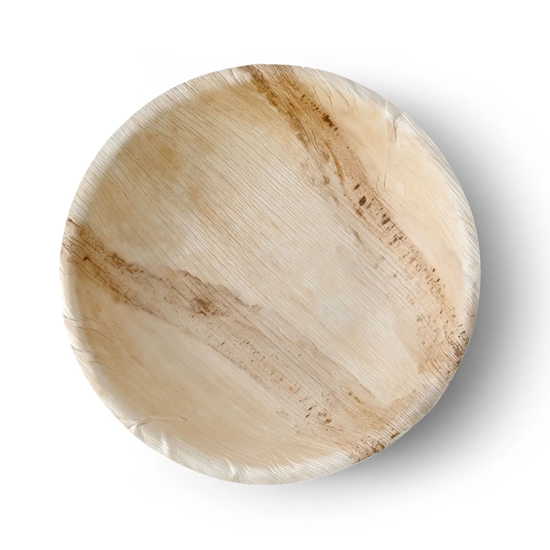 Runde Palmblatt-Schüssel mit einem Durchmesser von 30 cm, zeigt ein natürliches Holzmaserungsmuster und besteht aus biologisch abbaubaren Materialien.