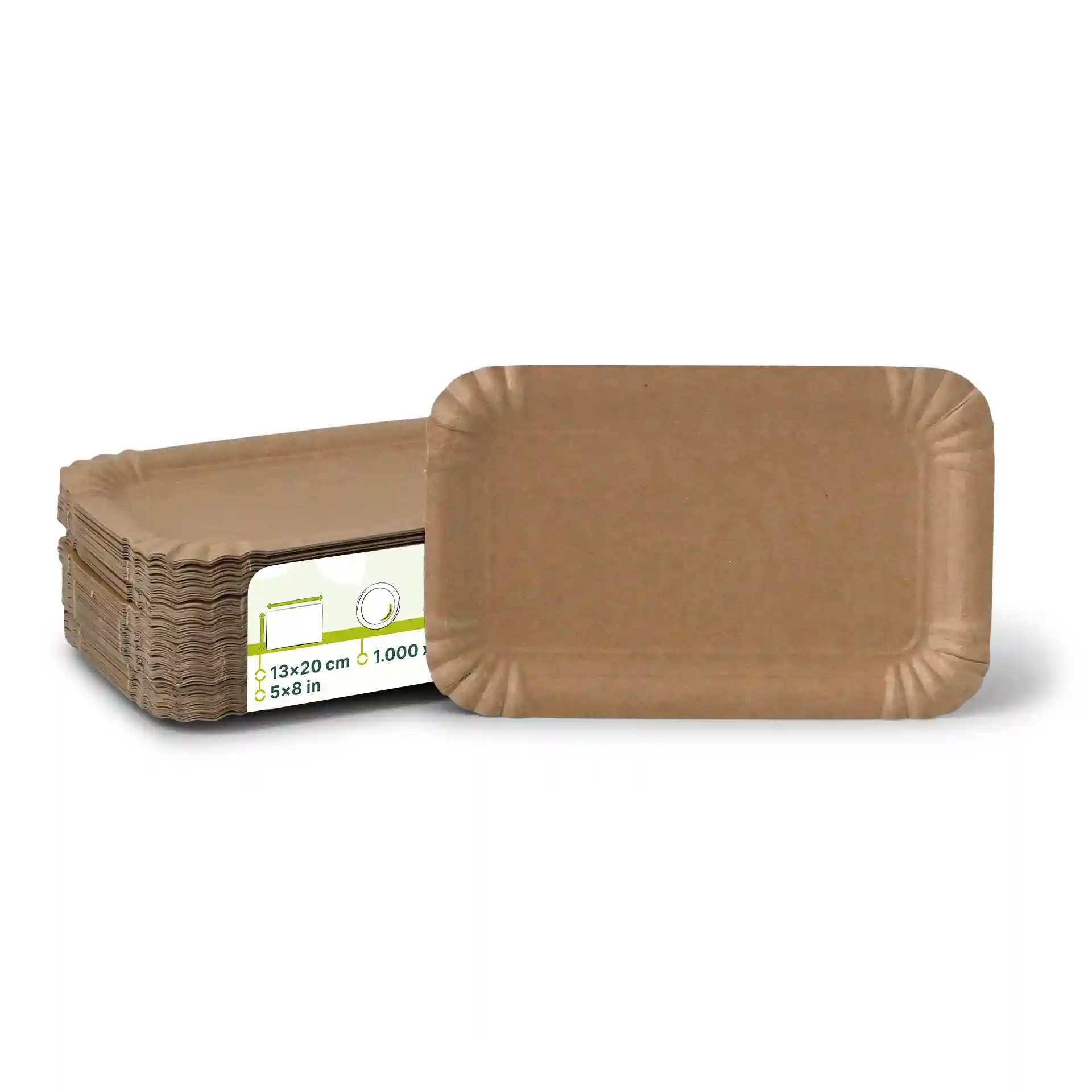 Rechteckige braune Pappgeschirrplatten, 13 x 20 cm, gestapelt mit einer Platte vorne.