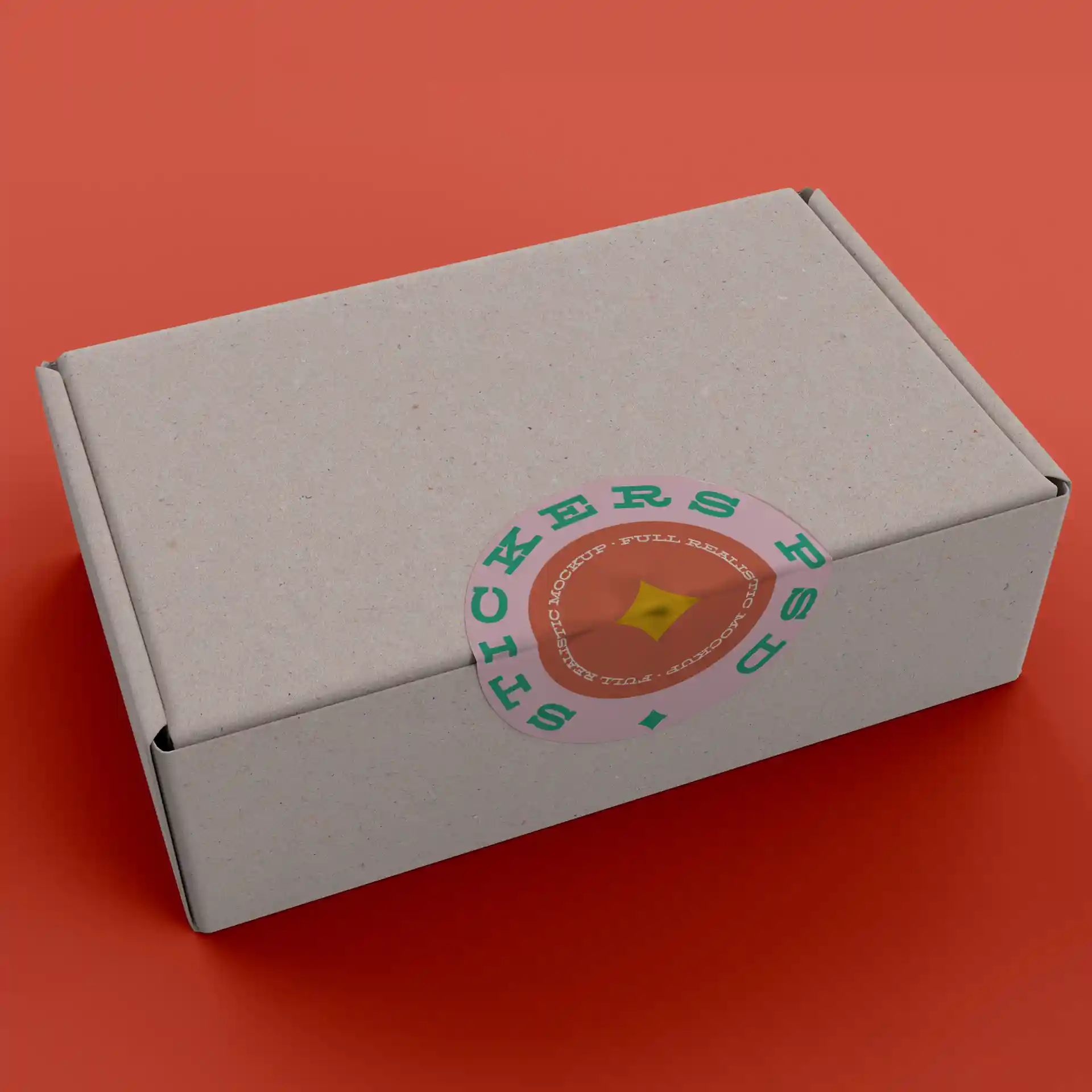 Brown cardboard box with a round label featuring the word "STICKERS" on top.