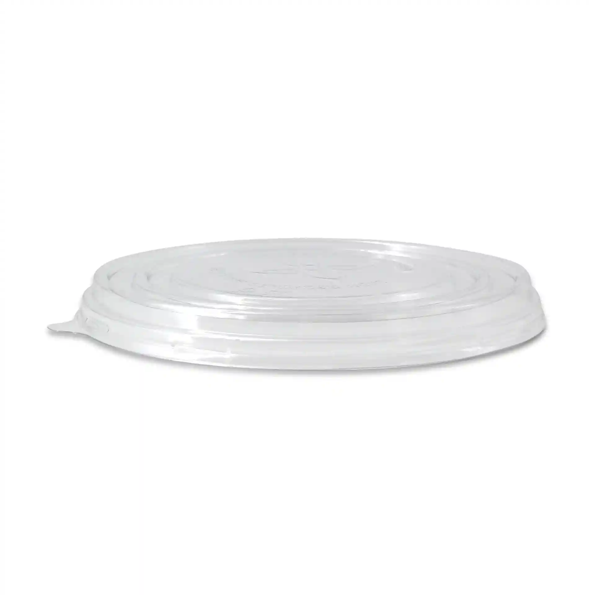 Transparent round cup lid made of rPET, measuring 185 mm in diameter and 21 mm in height.