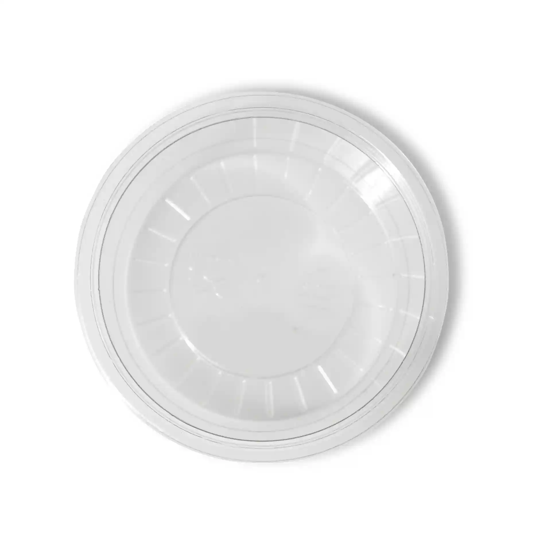 Klarer rPET-Dip-Becher mit einem Durchmesser von 75 mm und einer Höhe von 26 mm, von oben gezeigt.
