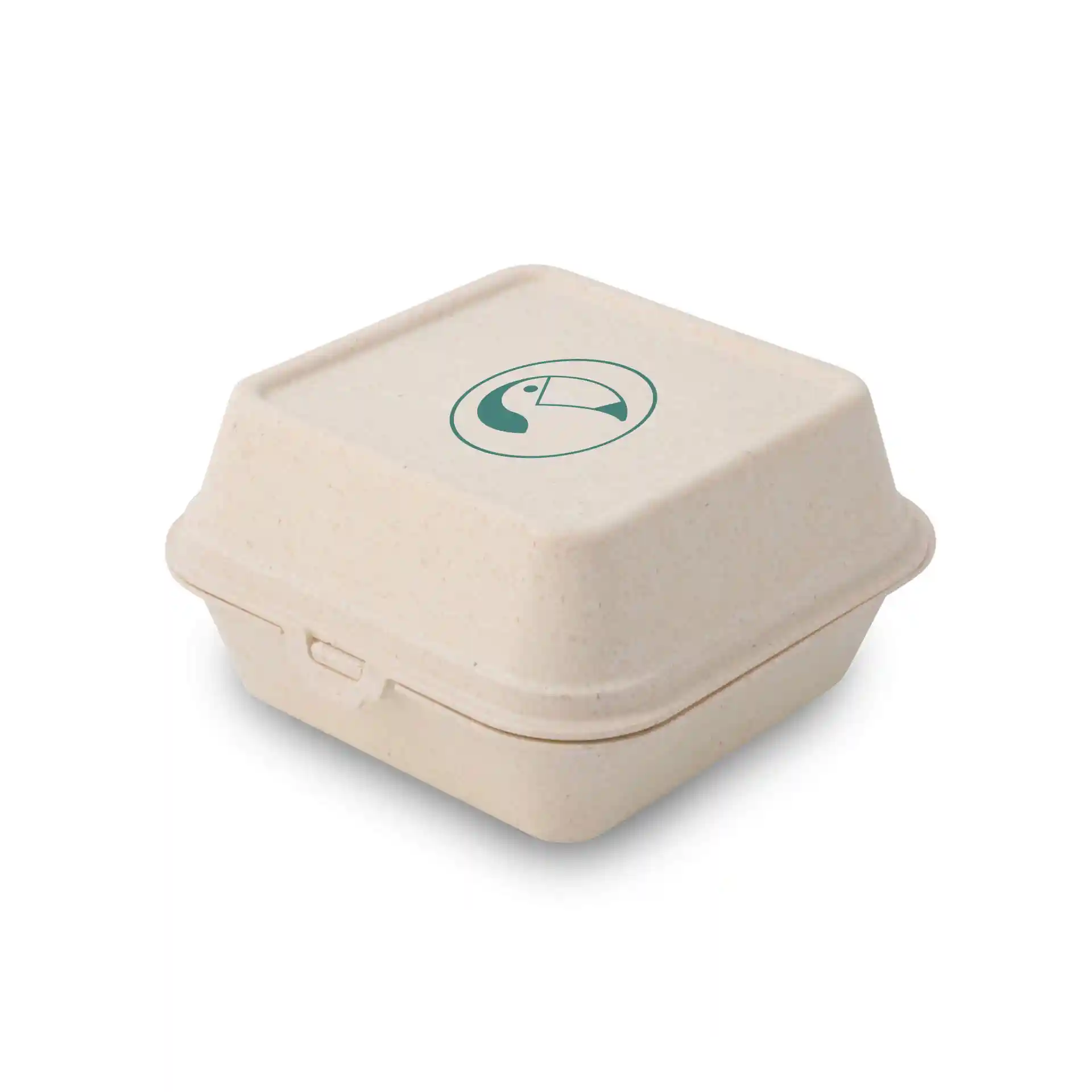 Cream white rectangular burger box with a printed toucan logo, measuring 16 x 15 x 8.5 cm.