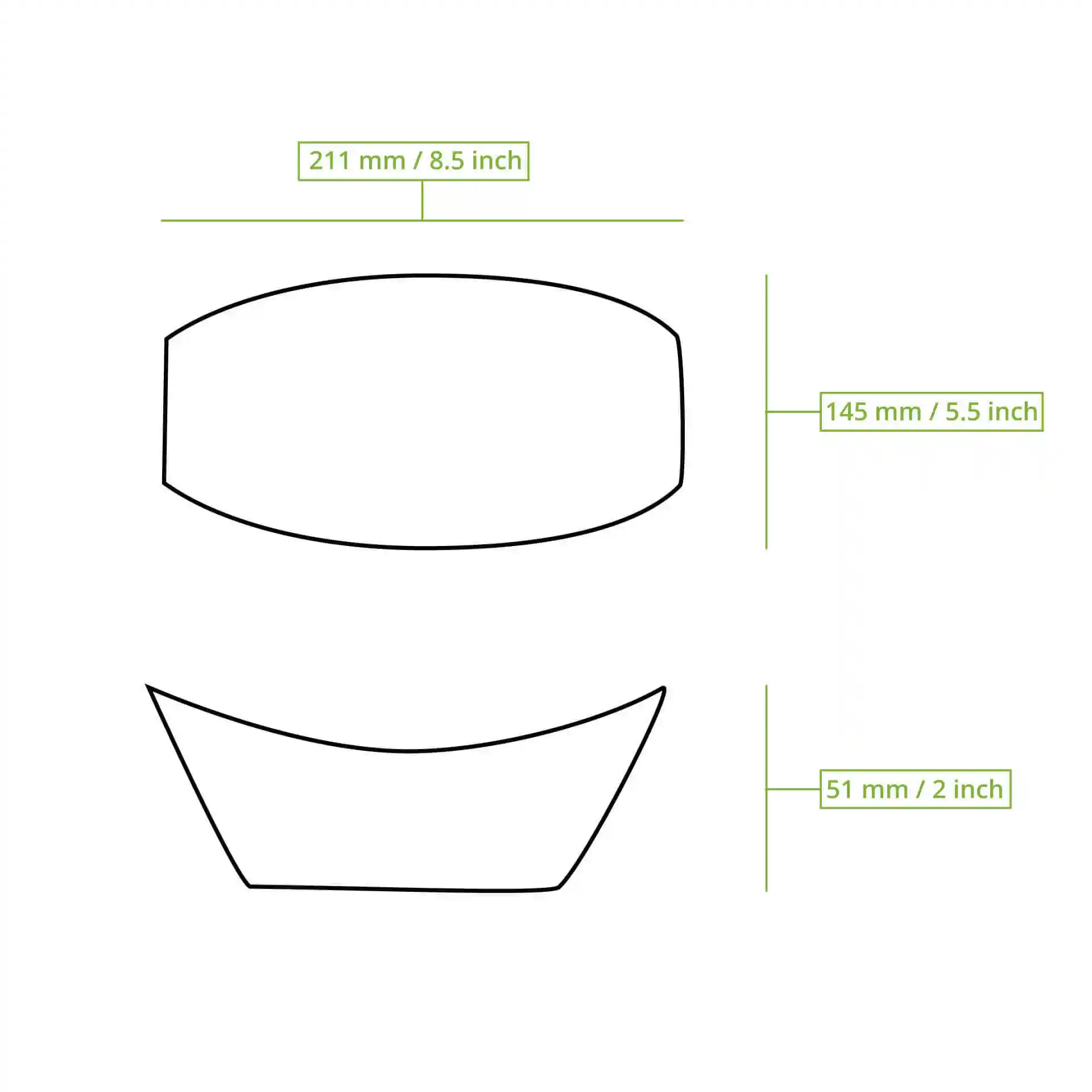 Schematische Zeichnung eines rechteckigen Tabletts mit den Abmessungen 211 mm x 145 mm und einer Höhe von 51 mm.