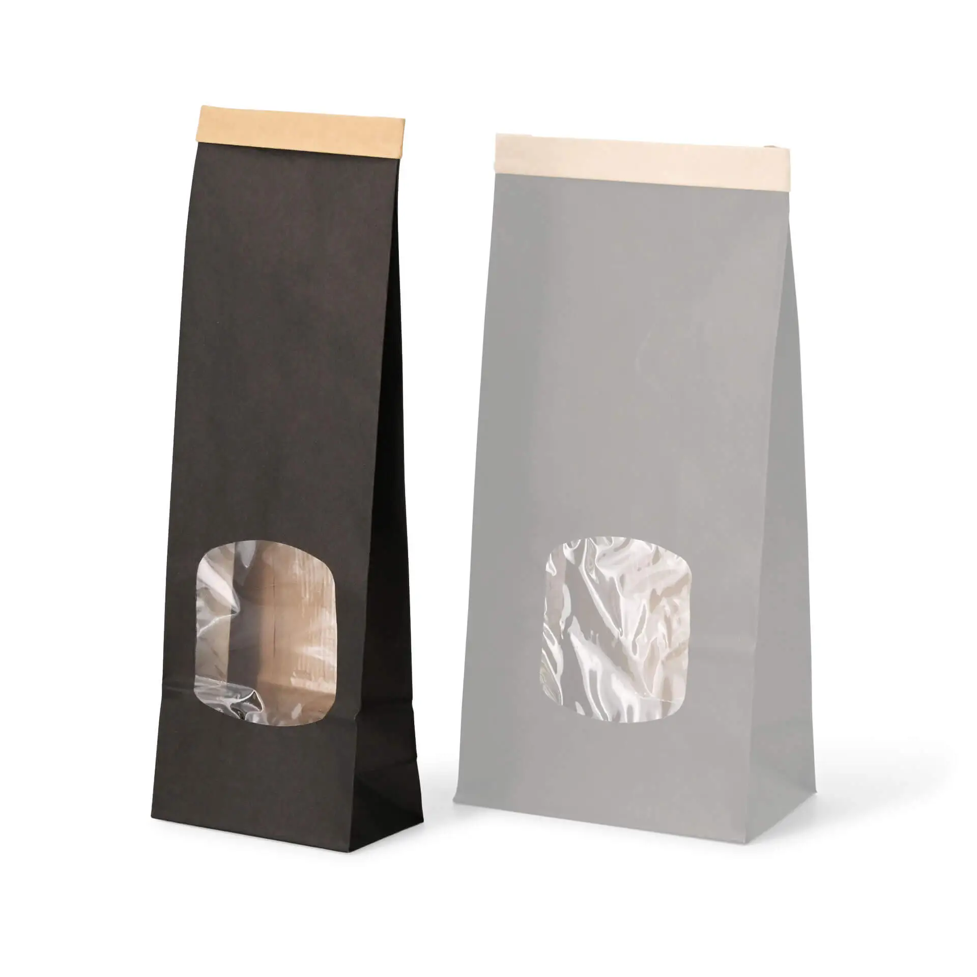 Blockbeutel m. Fenster S, 9 x 4,5 x 26 cm, PP-Folie, schwarz, Clipband, Kraftpapier