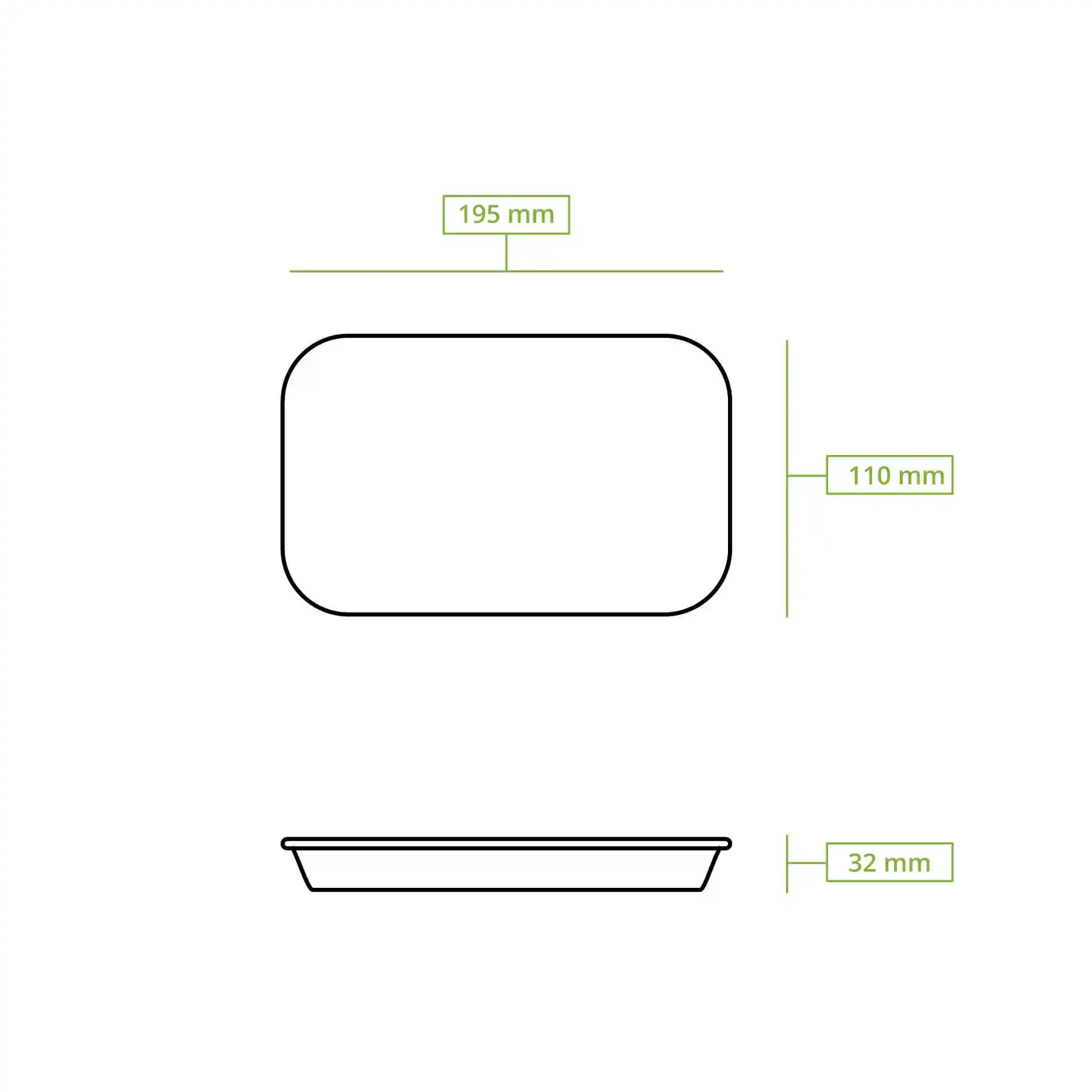 Schematische Zeichnung eines ovalen Papiertabletts mit den Abmessungen 195 mm x 110 mm und einer Höhe von 32 mm.