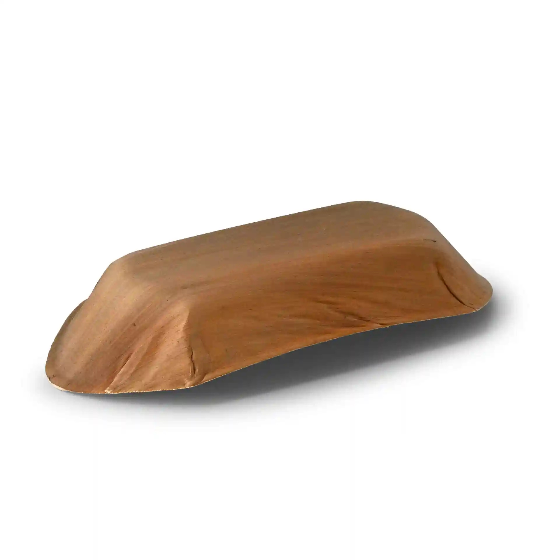 Deep palm leaf boat in a grain color, measuring 30 cm in length, with a smooth, curved surface.