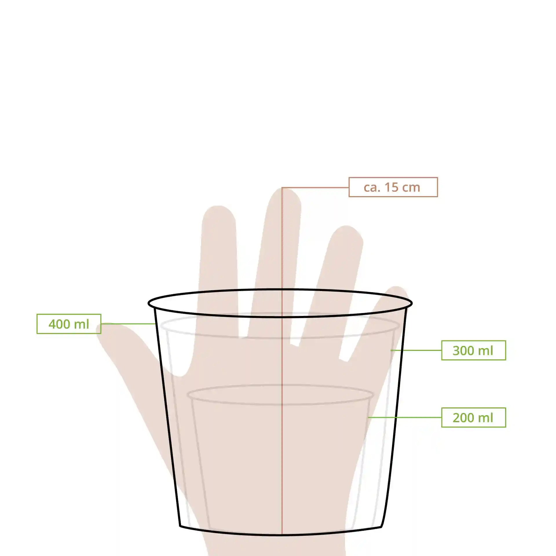 Schematic drawing of a brown takeaway soup container with measurement lines indicating 200 ml, 300 ml, and 400 ml fill levels.