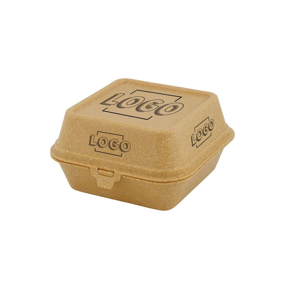 Mehrweg-Burger-Boxen "Häppy Box" 16 x 15 x 8,5 cm, Karamell / braun, Individualdruck (4 Flächen)