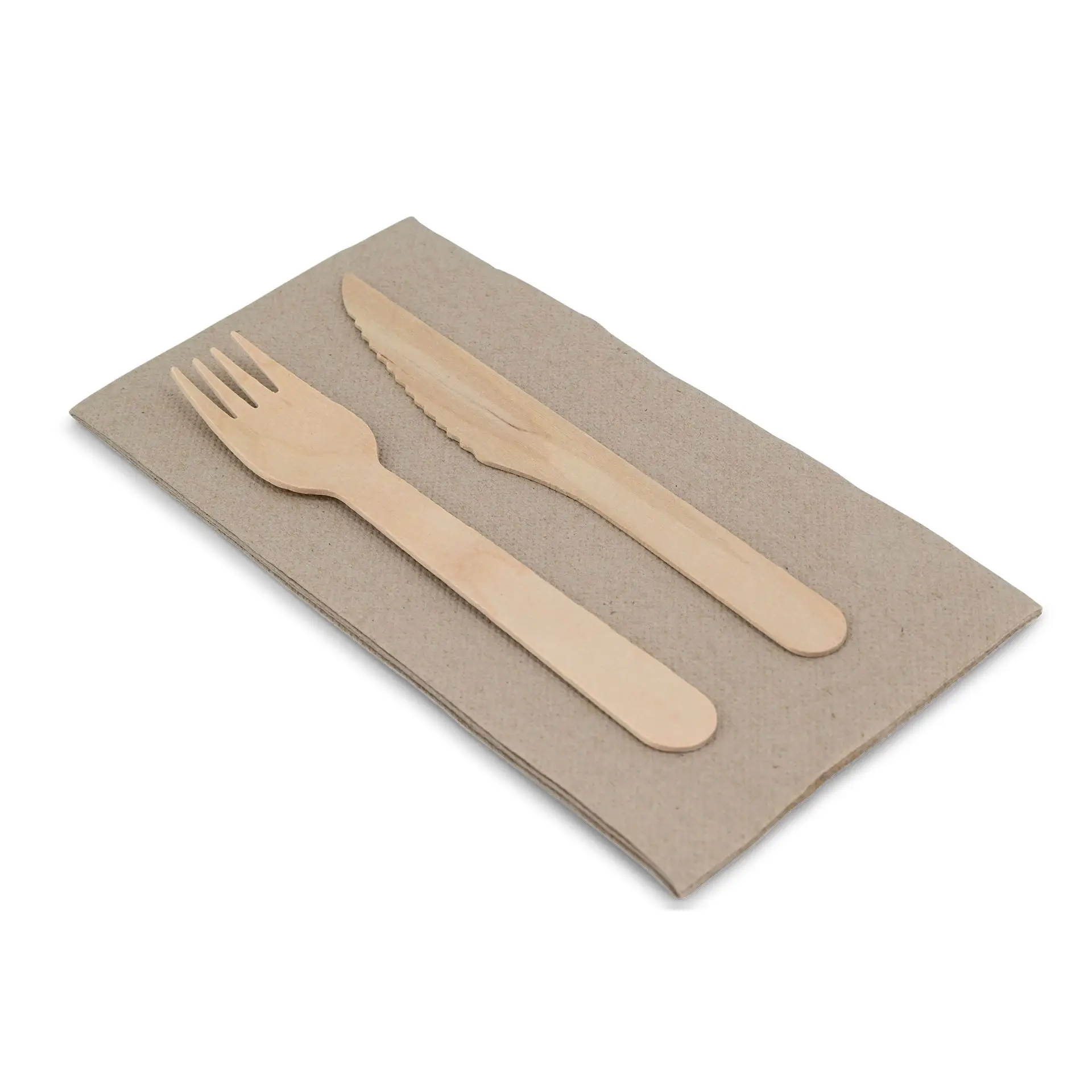 Set of wooden fork and knife on a rectangular unbleached paper napkin.