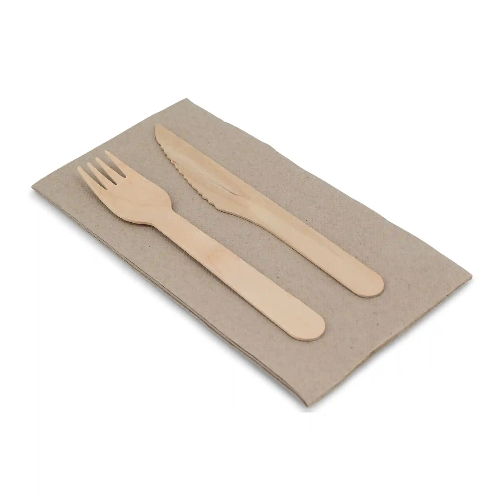 Set of wooden fork and knife on a rectangular unbleached paper napkin.