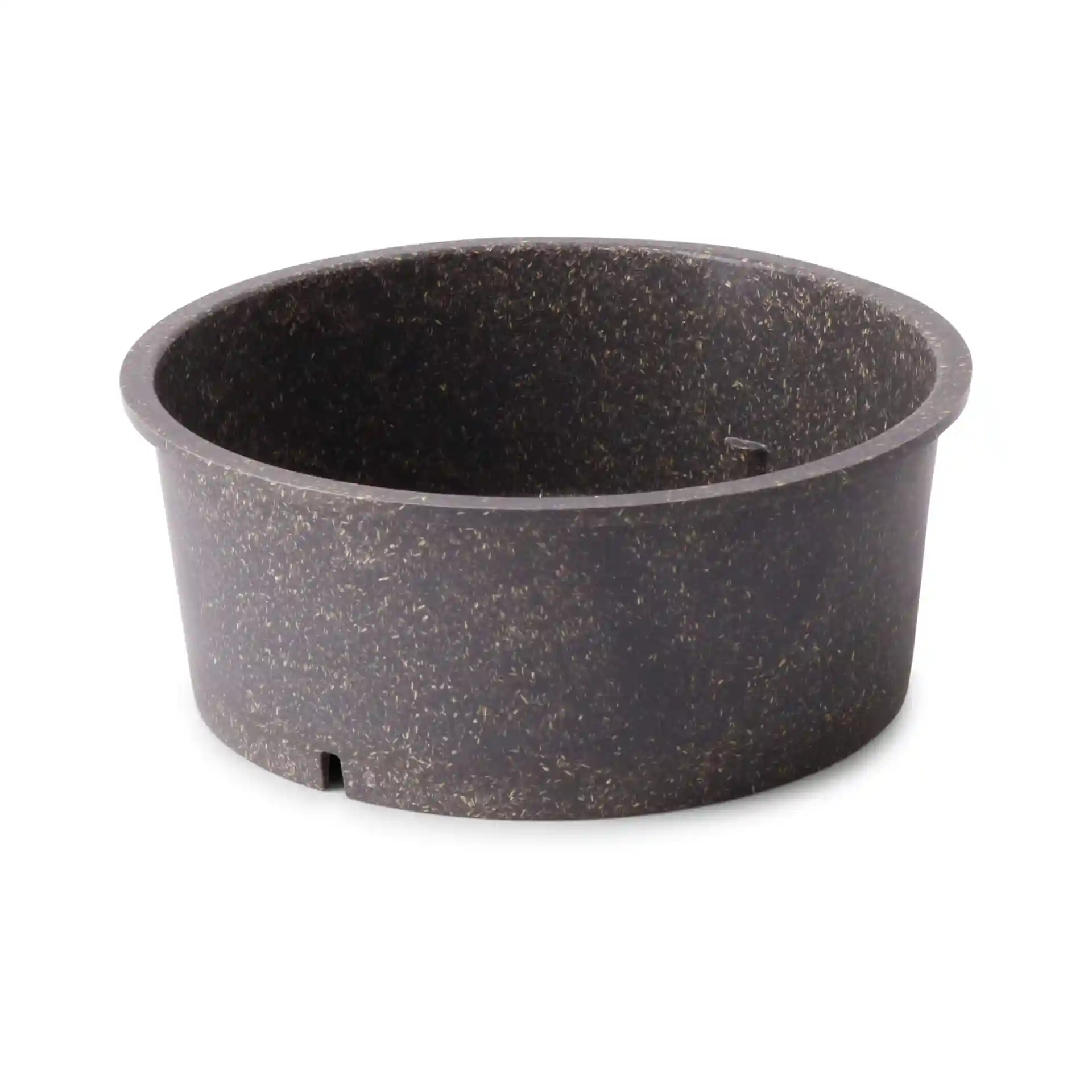Round grey reusable bowl with a diameter of 156 mm and a height of 60 mm, made from bio compound material.