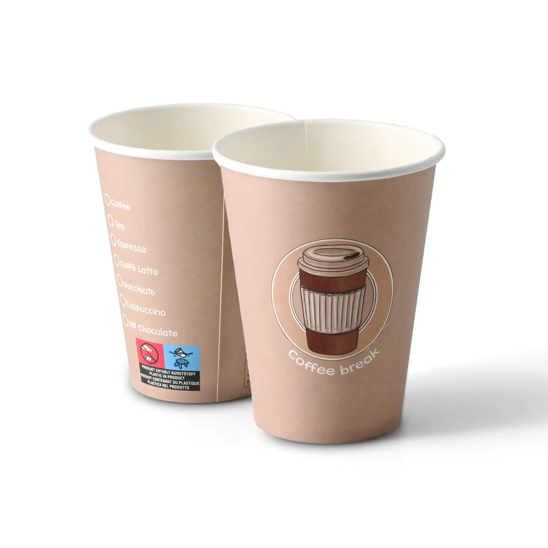 Two 12 oz paper cups with a "Coffeebreak" print; suitable for hot and cold drinks. One cup shows printed beverage options.