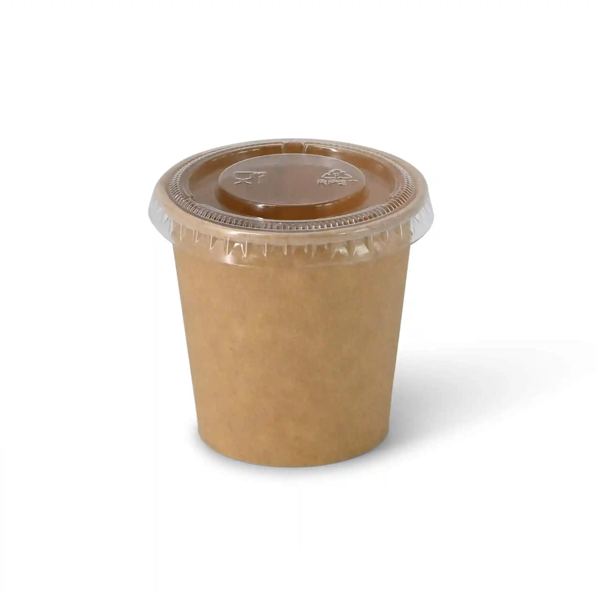 Brown paper portion cup with a clear plastic lid, 75 ml capacity, 62 mm diameter, and 60 mm height.