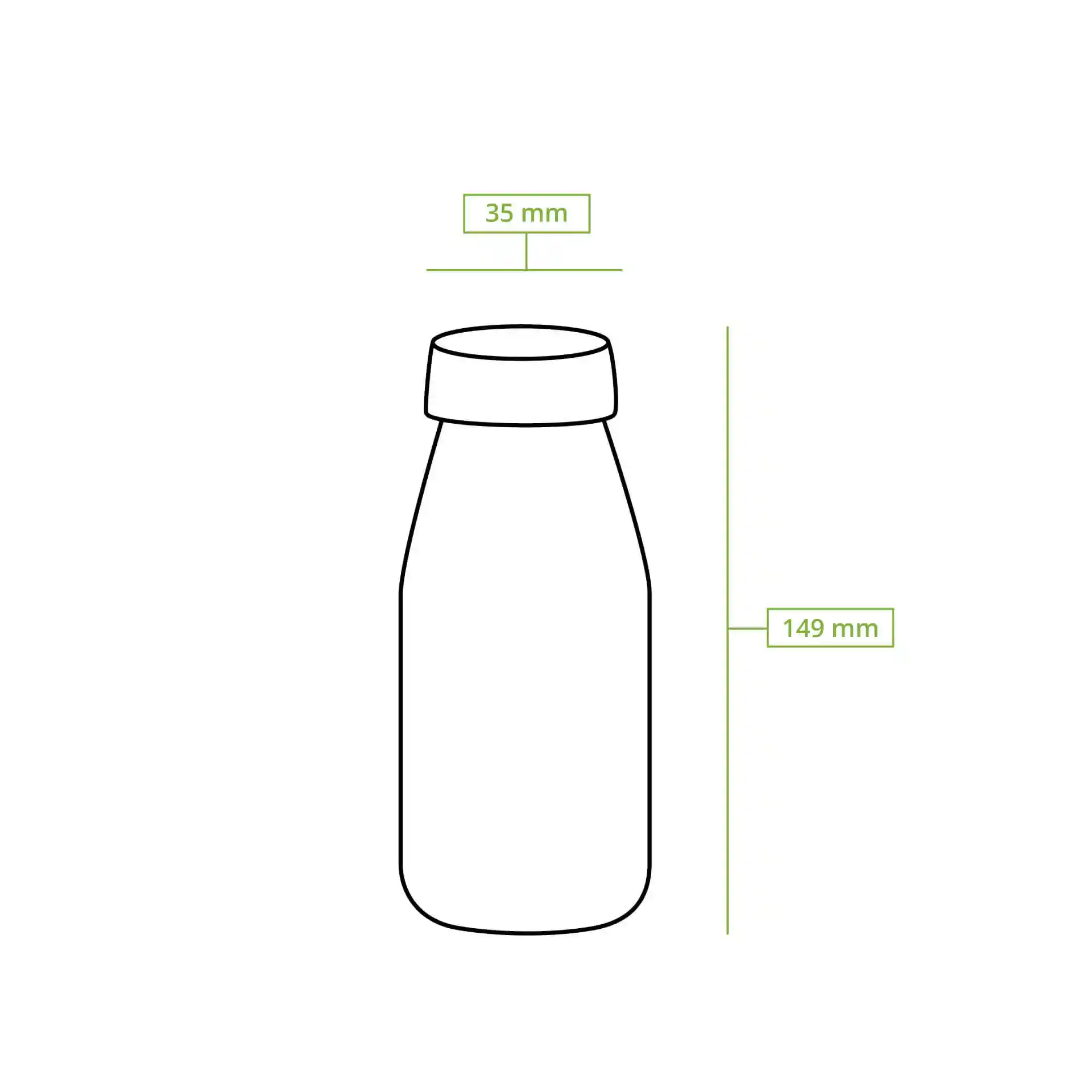 Schematische Zeichnung einer klaren rPET-Flasche mit schwarzem Deckel, mit Abmessungen von 35 mm und 149 mm.
