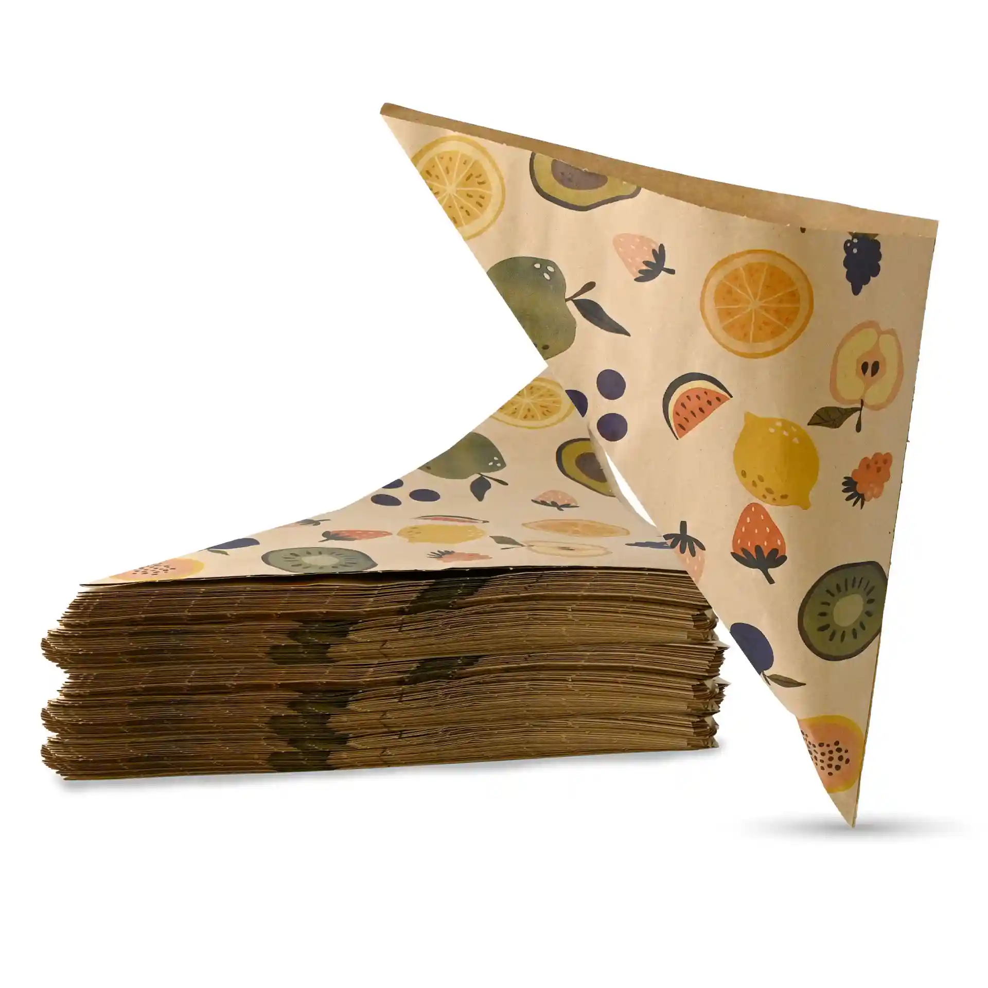 Stapel von individuell bedruckten Papierbechern mit Obstmotiven, einer Becher teilweise entfaltet. Jeder Becher misst 37 cm.