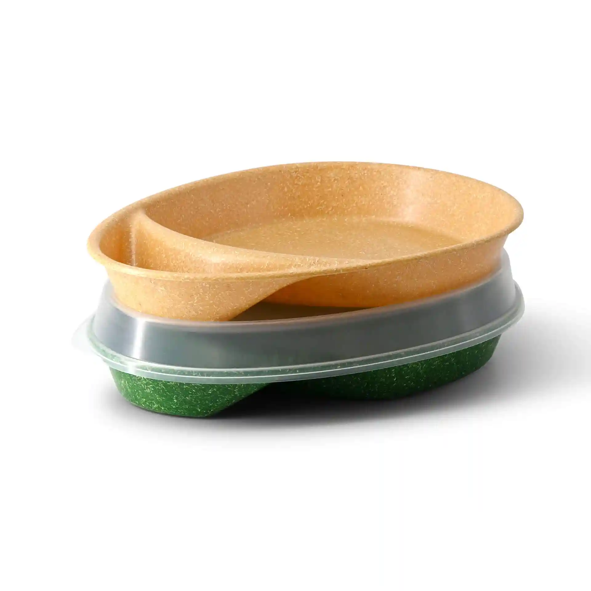 Reusable divided plate with two compartments, caramel brown color, dimensions 27.5 × 20 × 3.5 cm.