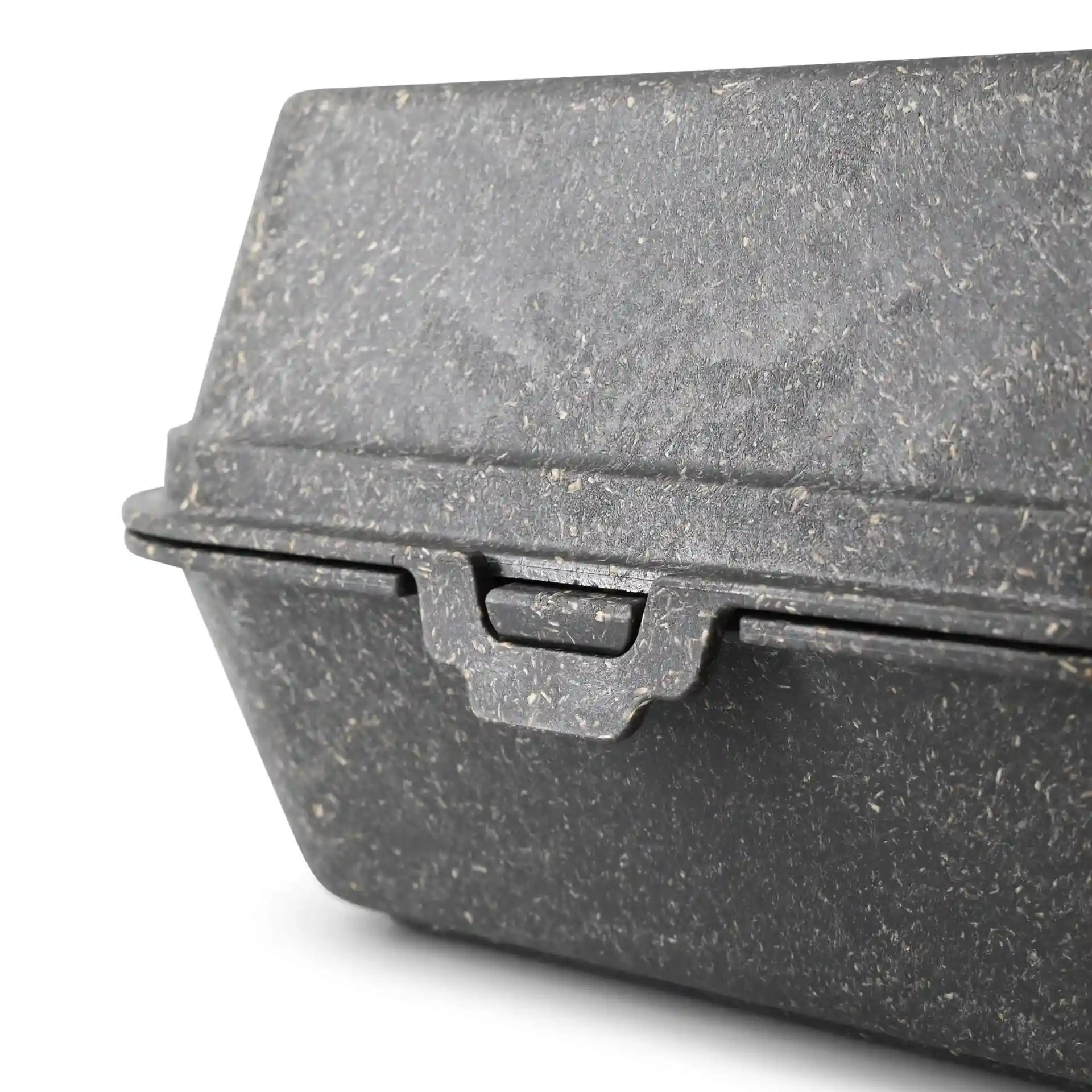Nahaufnahme einer grauen wiederverwendbaren Burgerbox mit Deckel, aus biologischem Verbundmaterial.
