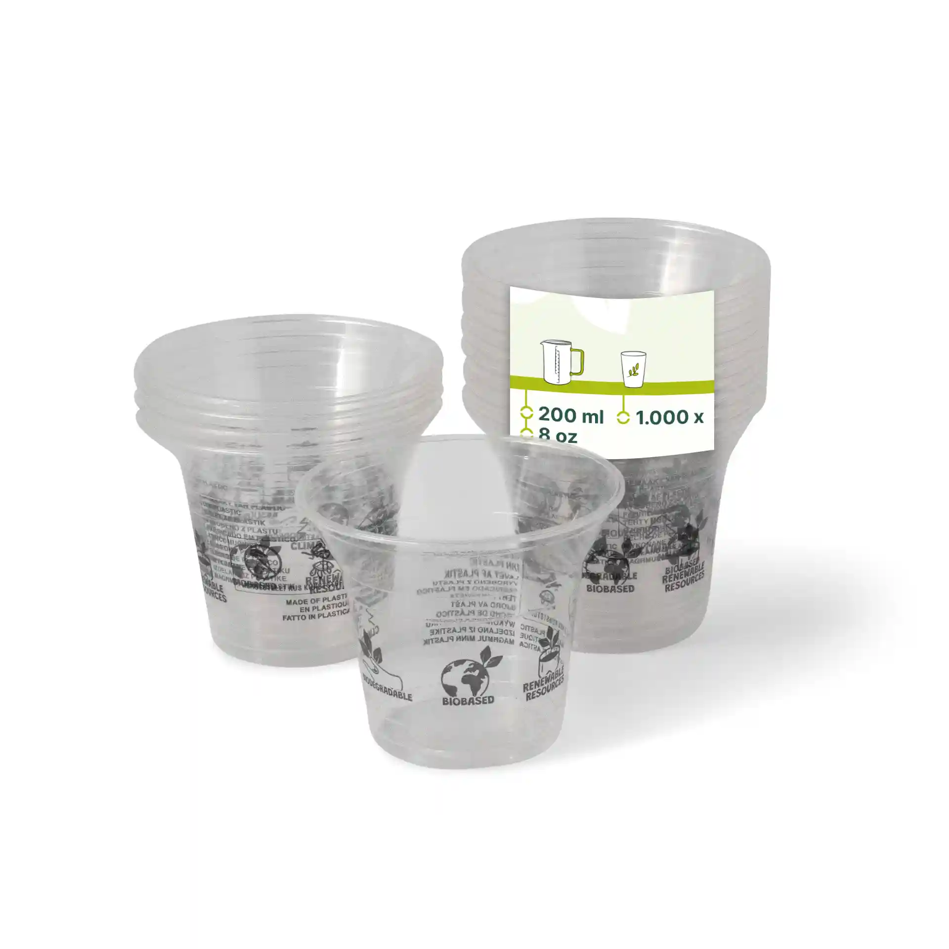 Transparente PLA-Smoothie-Becher gestapelt, mit einem Becher vorne, der ein Etikett mit Volumen und Abmessungen zeigt.