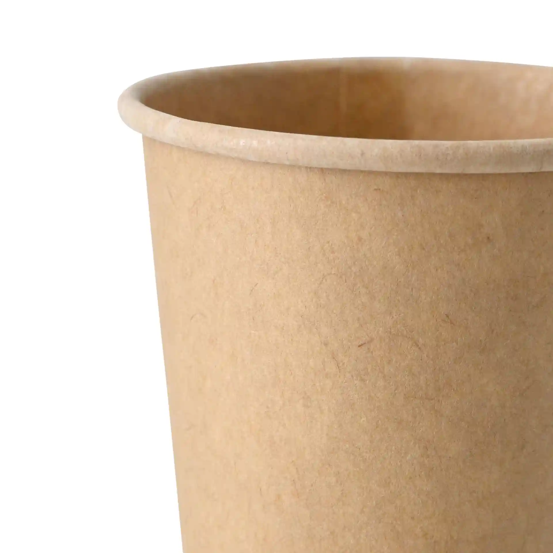 Brauner Becher mit einfacher Wand, 100 ml Fassungsvermögen, zeigt den Rand und die Seitenansicht.