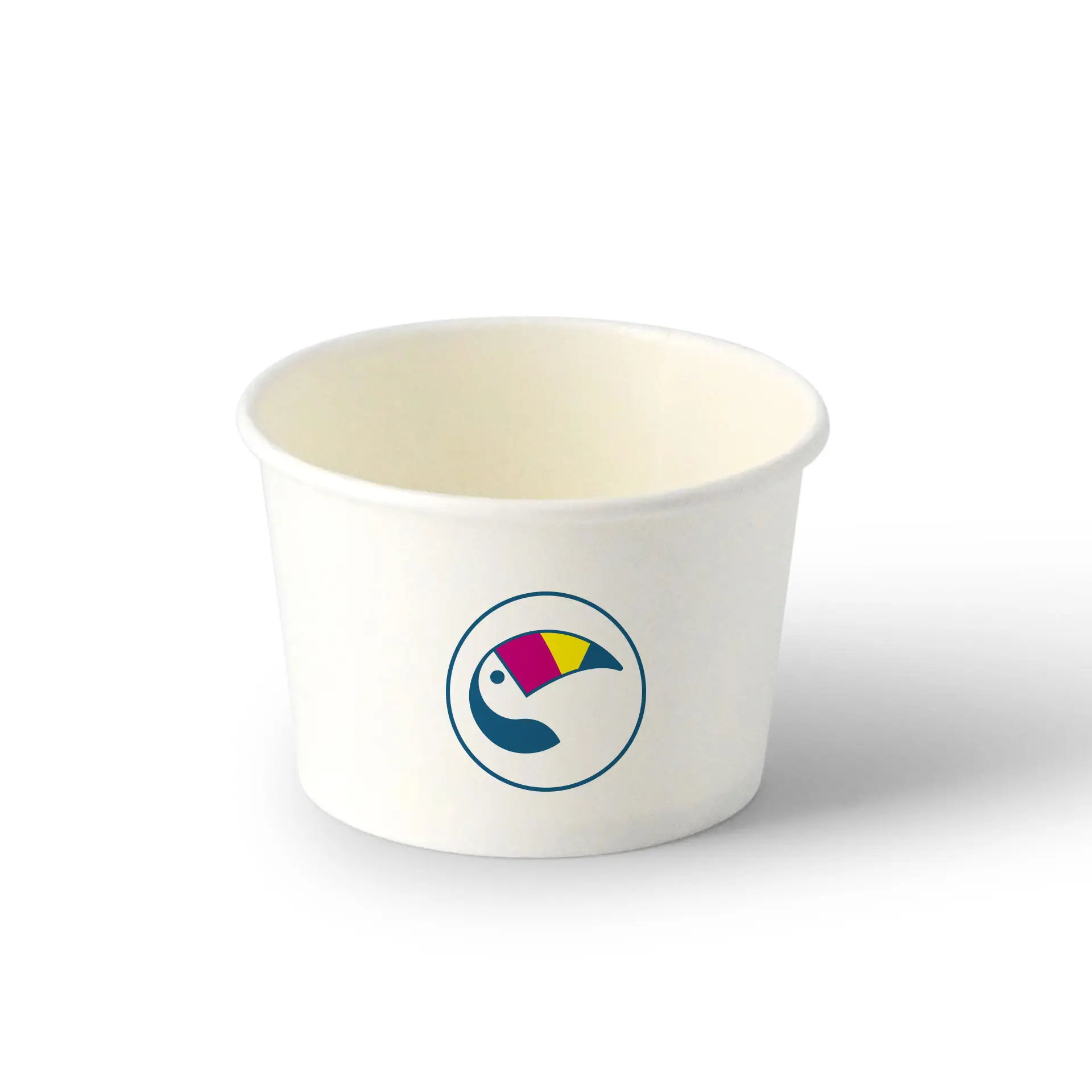 White ice cream cup with a printed colorful logo, suitable for various sizes and optional lid.