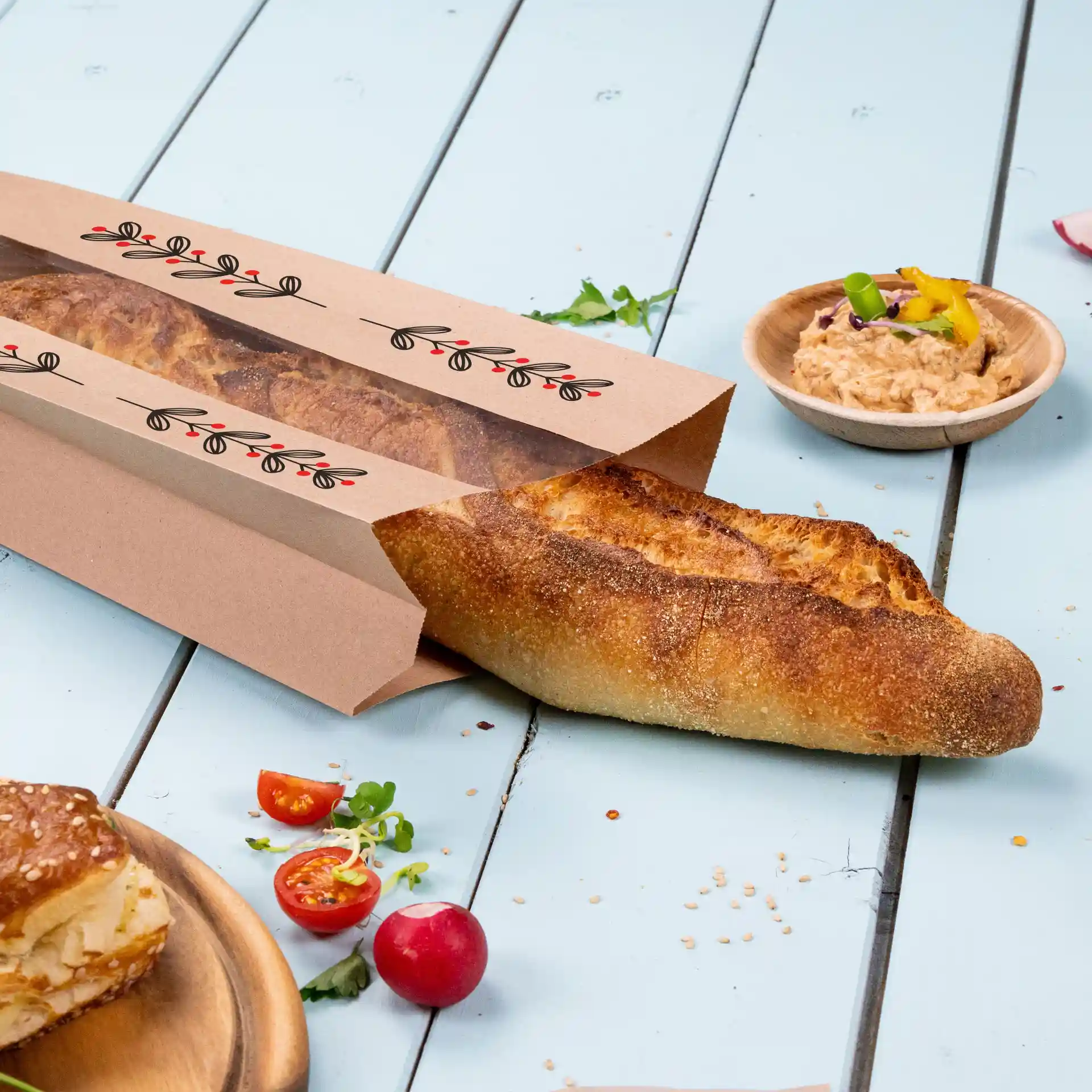 Brown printed paper bag with window, holding a baguette, placed on a blue surface with cherry tomatoes and a bowl of dip.