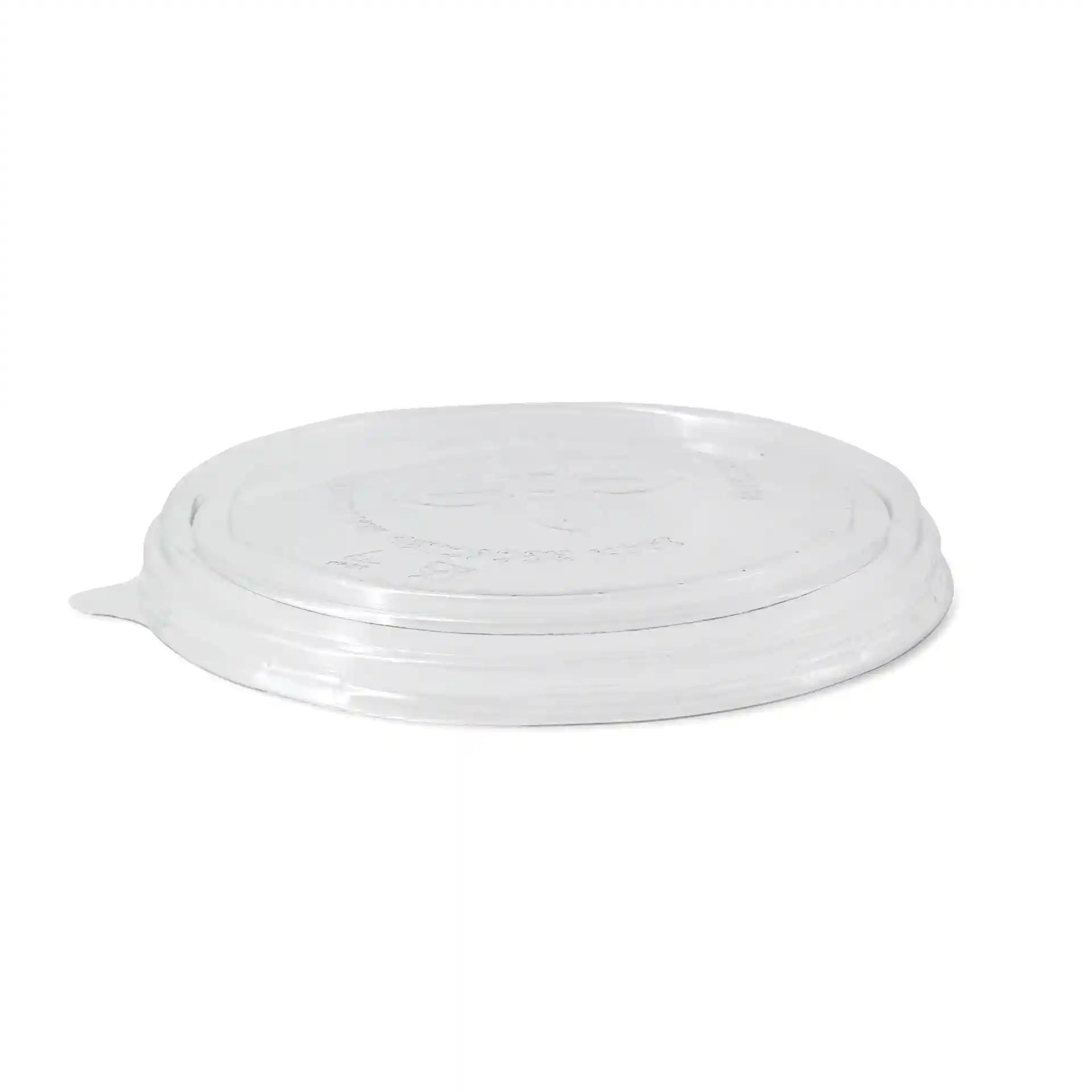 Transparent round cup lid made of rPET, measuring 150 mm in diameter.
