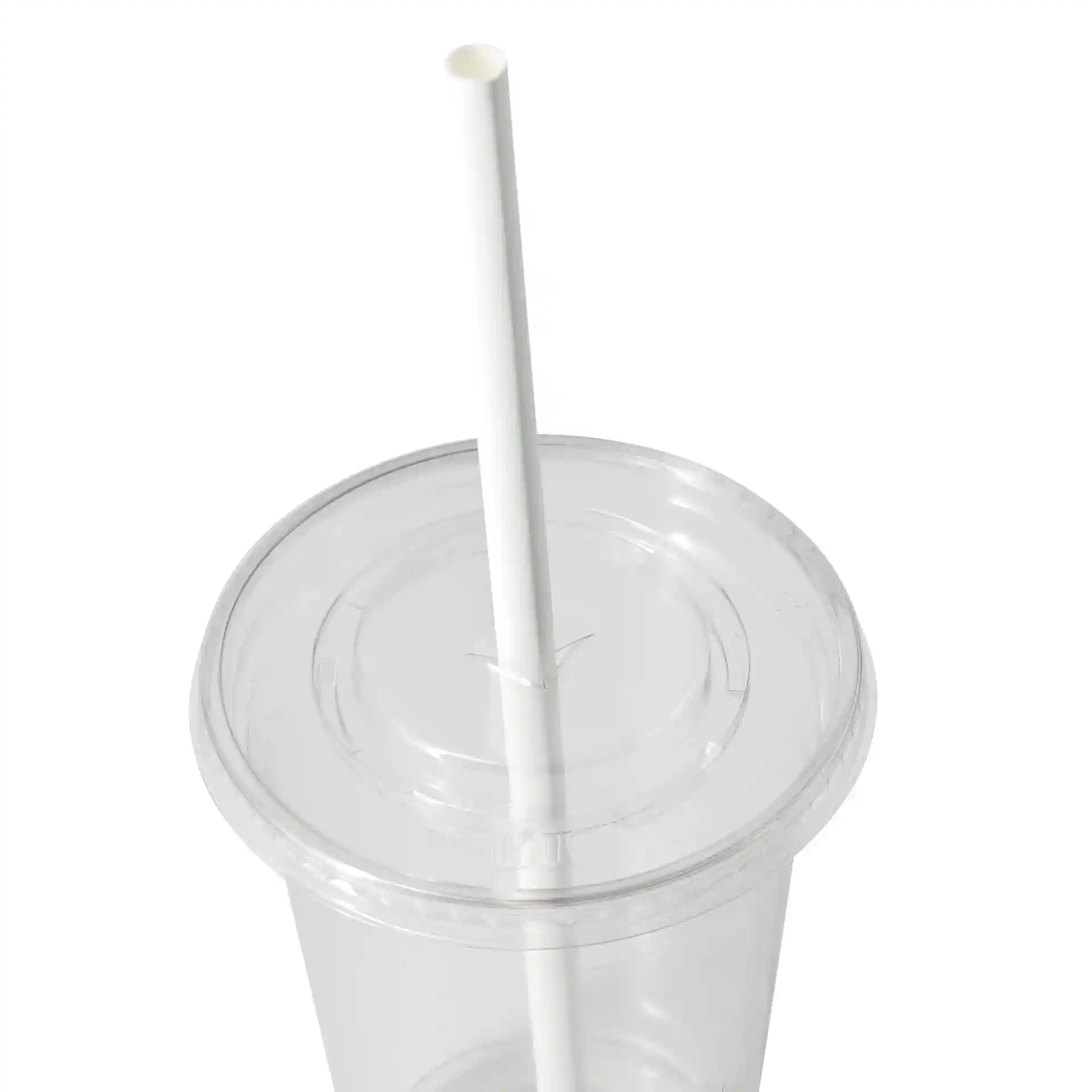 White paper drinking straw with a length of 23 cm and a diameter of 0.8 cm, positioned in a clear cup lid.