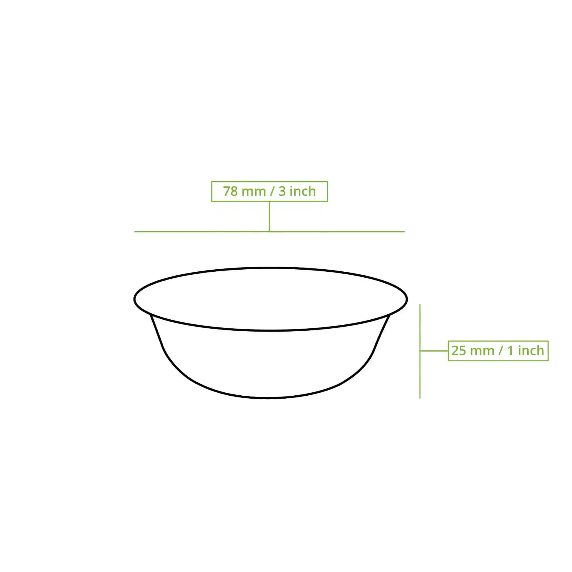 Schematische Zeichnung einer runden Dip-Schale mit den Maßen 78 mm Durchmesser und 25 mm Höhe.