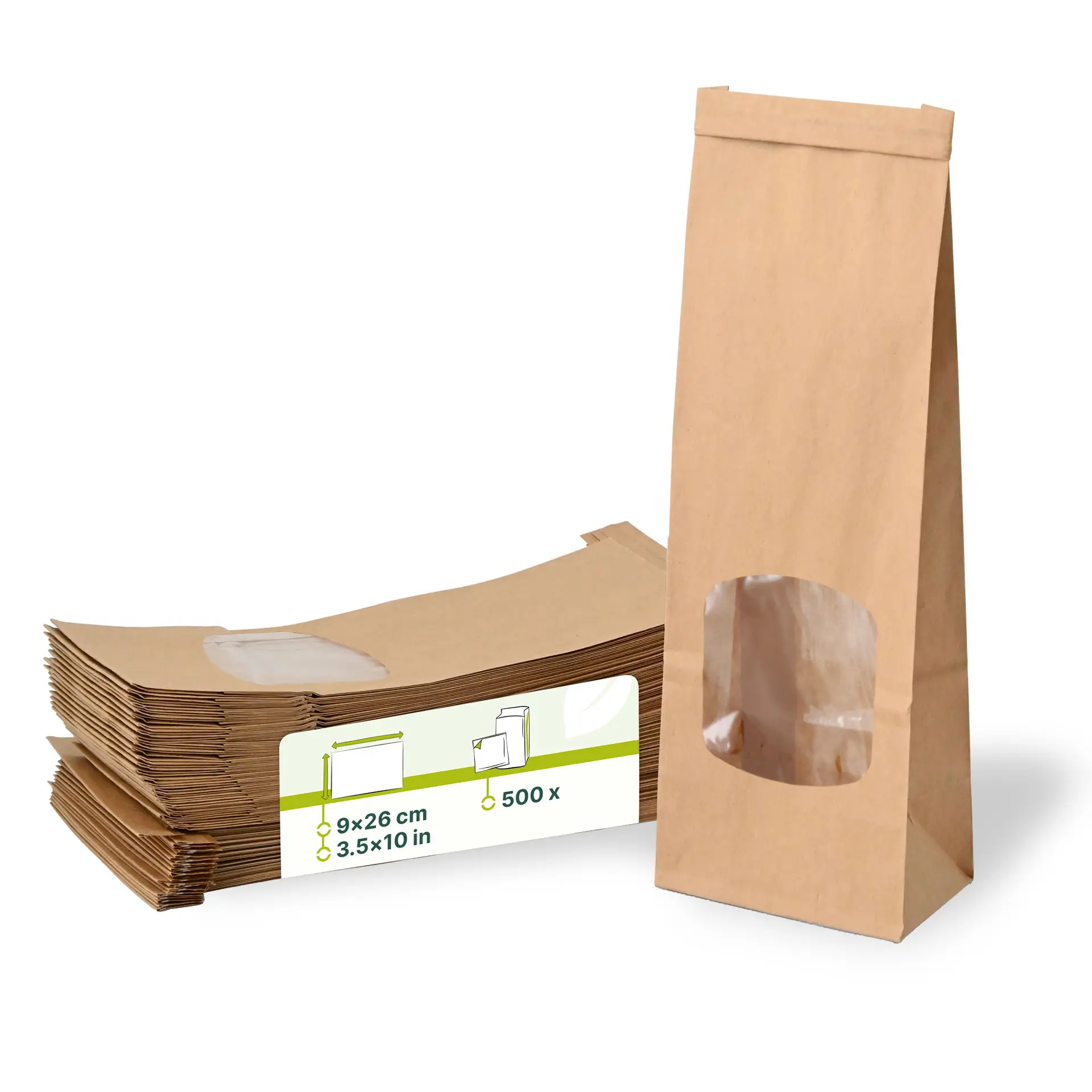 Block bottom bags with window S, 9 x 4.5 x 27.5 cm, PP-foil, brown, tin tie, kraft paper Block bottom bags with window S, 9 x 4.5 x 27.5 cm, PP-foil, brown, tin tie, kraft paper