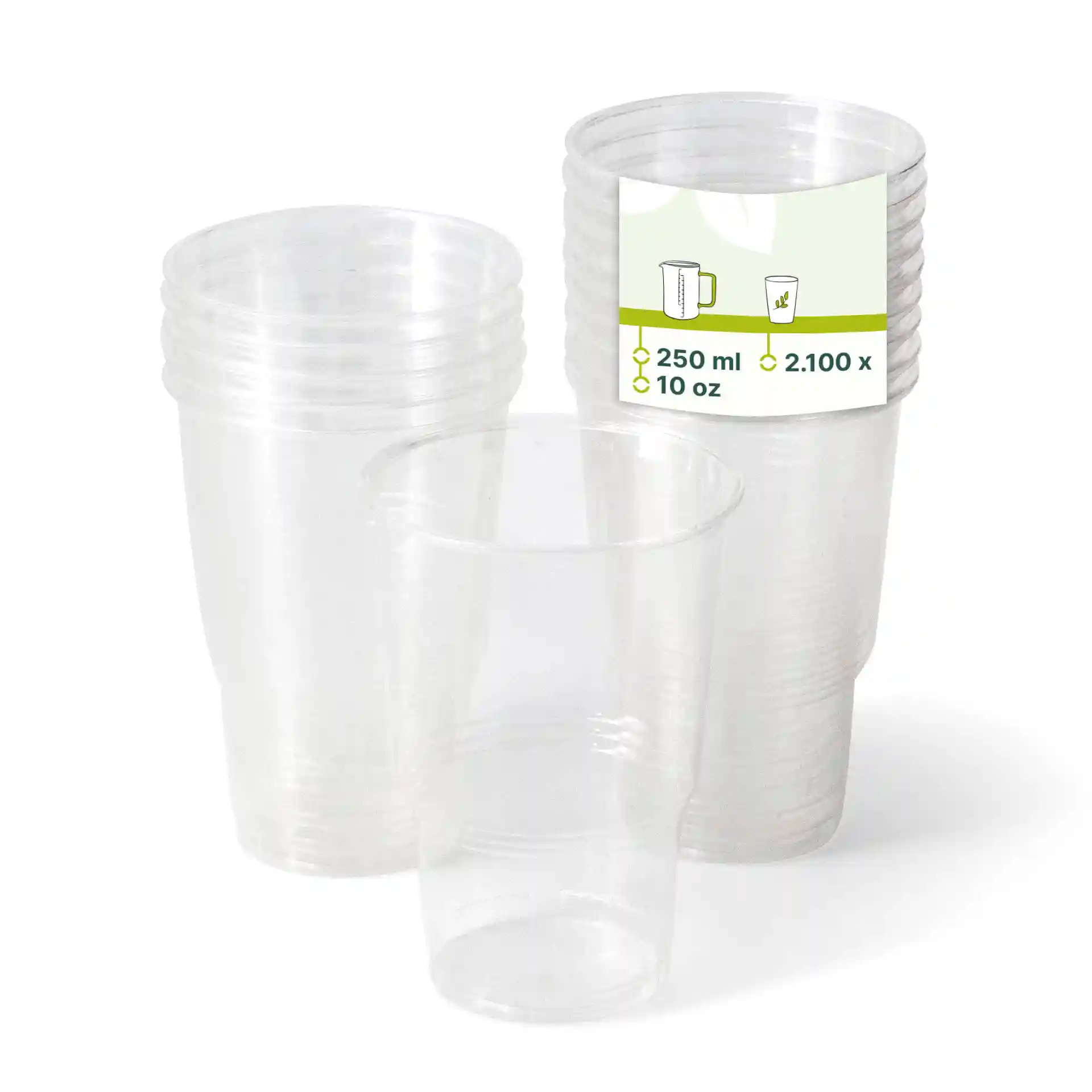 Transparente Plastikbecher übereinander gestapelt, mit einem Becher vorne und einem Etikett mit Volumen und Abmessungen.