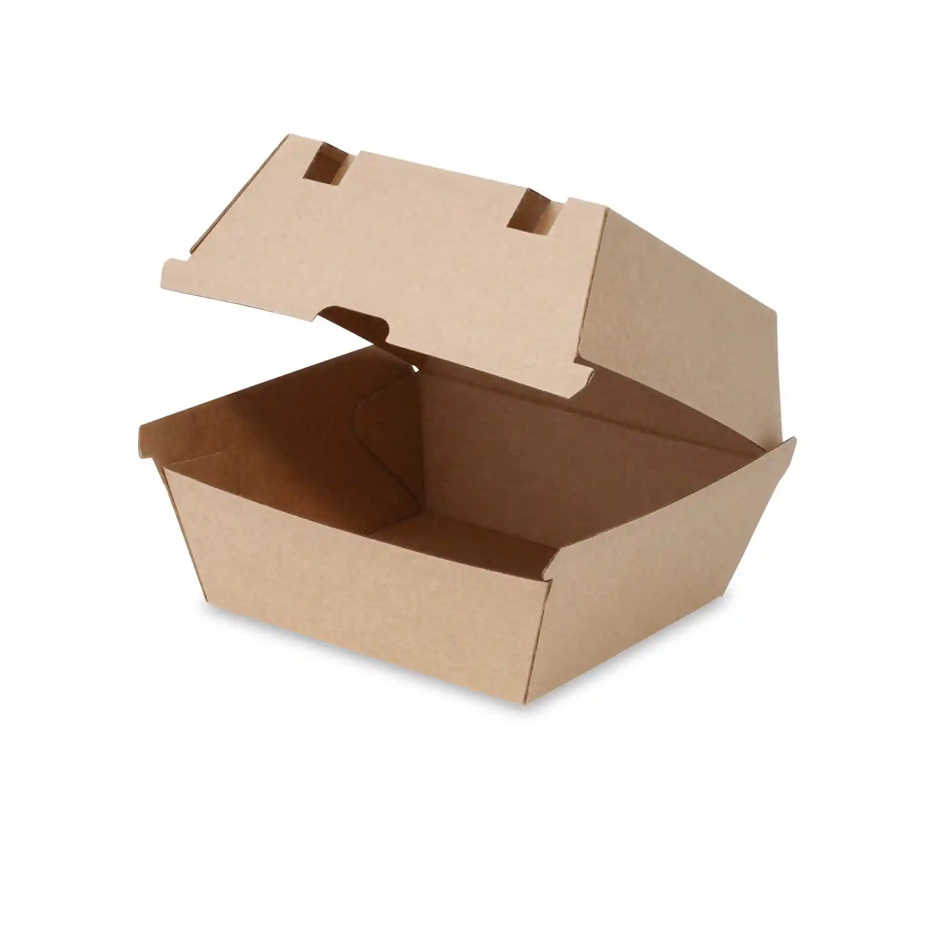 Braune rechteckige Burgerbox aus Karton, 16,8 x 15,8 x 9,8 cm, mit offenem Deckel.