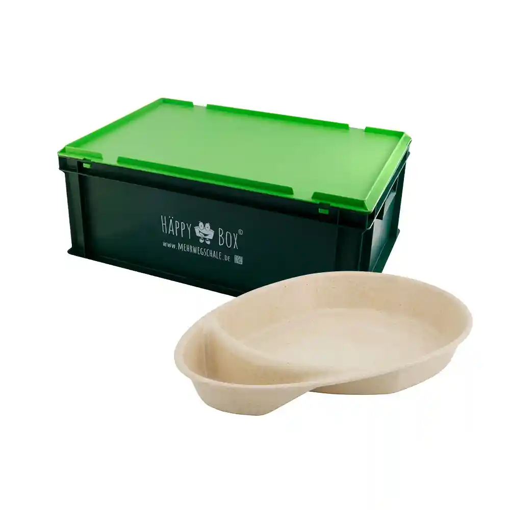 Storage box with a green lid next to a beige two-compartment serving dish.