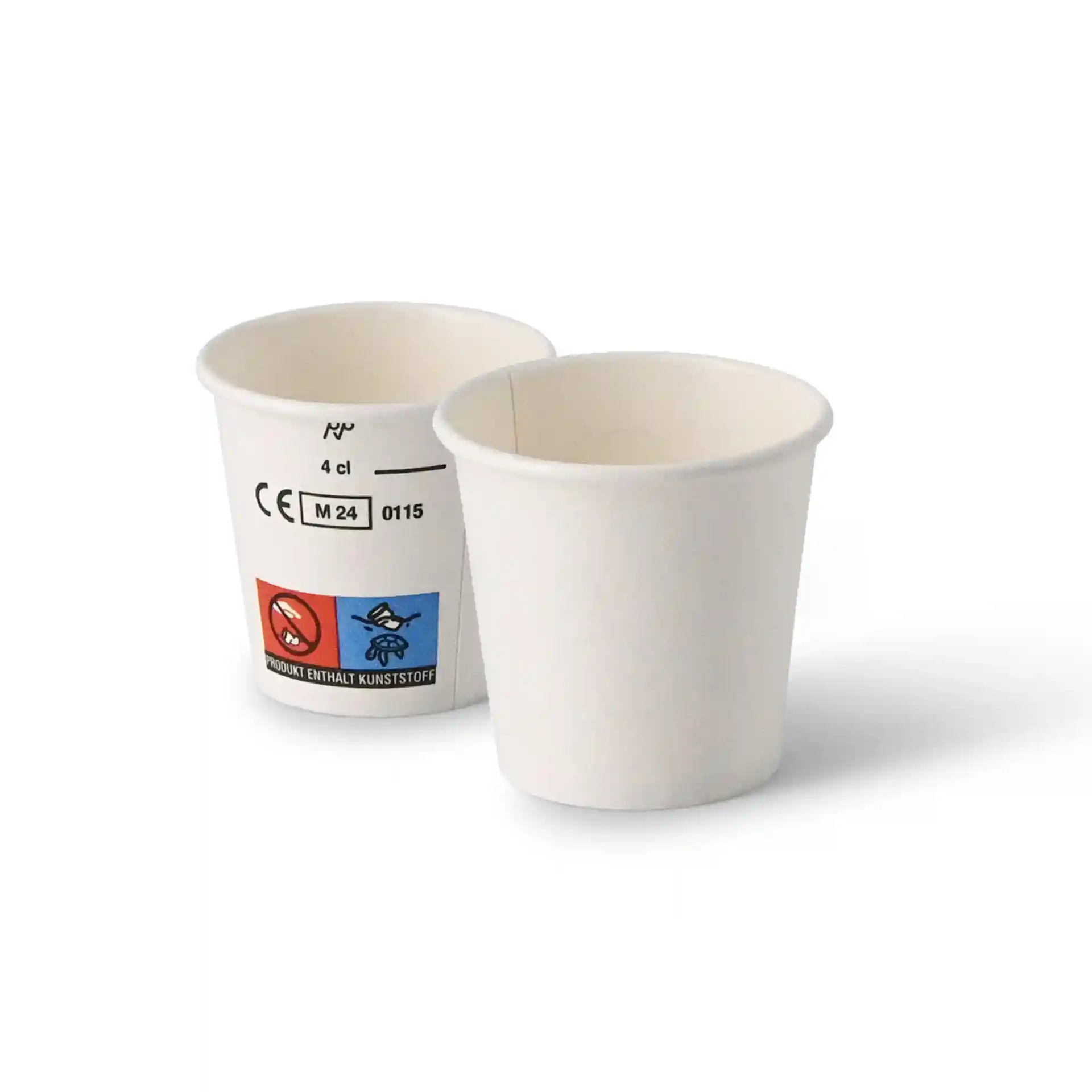 White paper shot cups with a round shape, 40 ml capacity, featuring a label with symbols and markings.