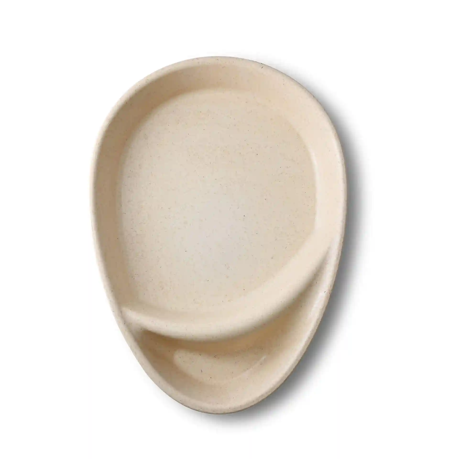 Cremig weiße wiederverwendbare geteilte Platte mit zwei Fächern in Tropfenform, 27,5 × 20 cm groß.