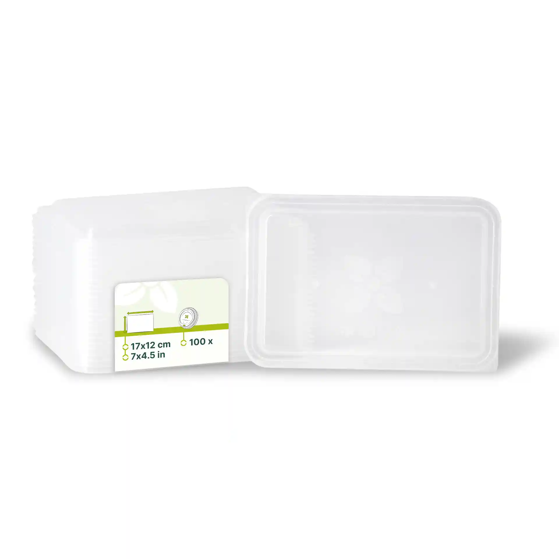 Transparent rectangular PP lids measuring 17 x 12 cm, stacked with a label showing dimensions and quantity.