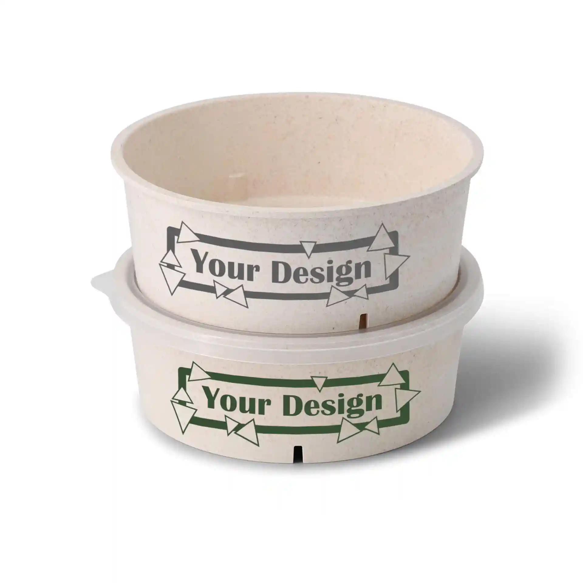 Round reusable bowl in cream-white, 1000 ml capacity, with printed design and visible drainage holes.