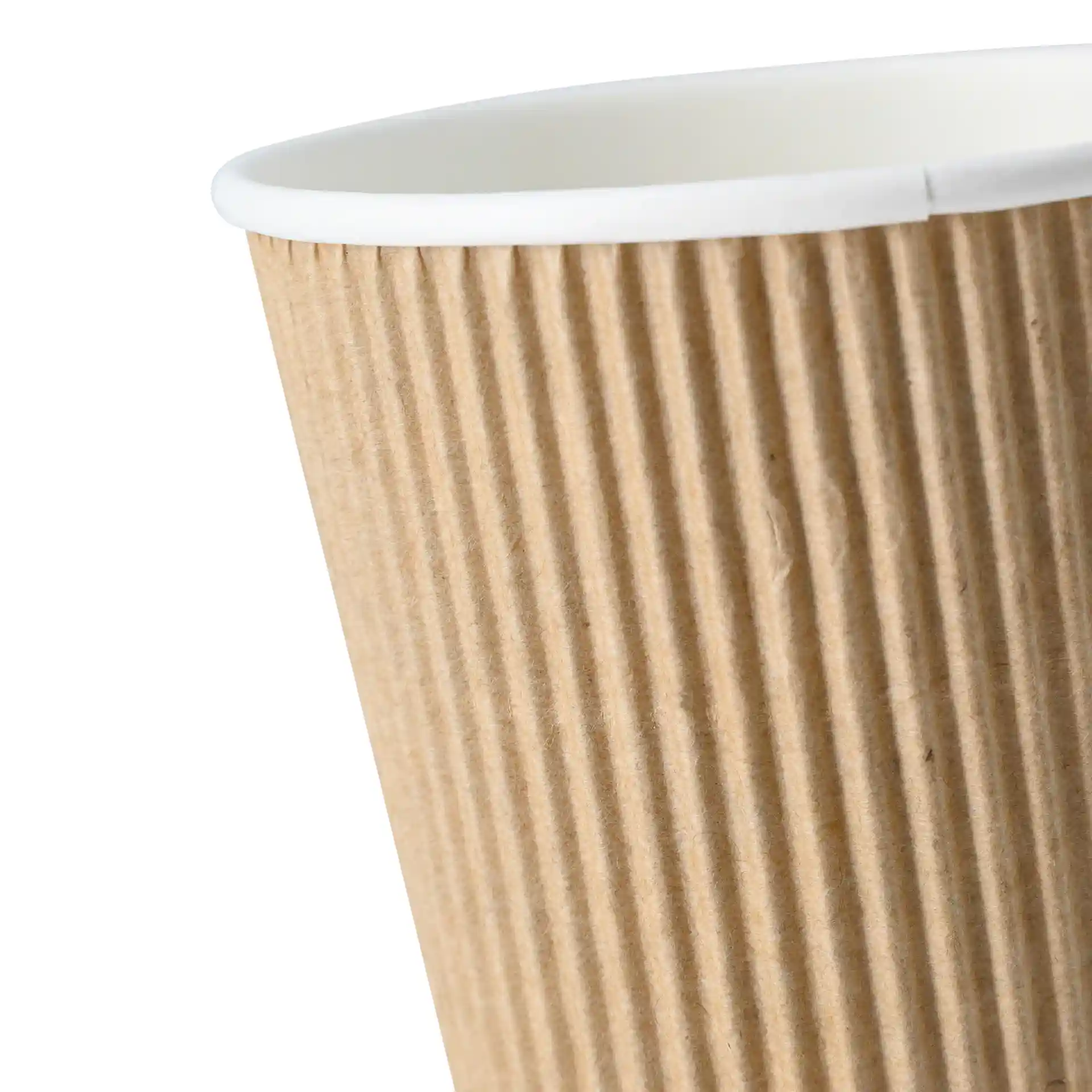 Brown ripple coffee cup with a white inner coating, showing the textured exterior and rim.