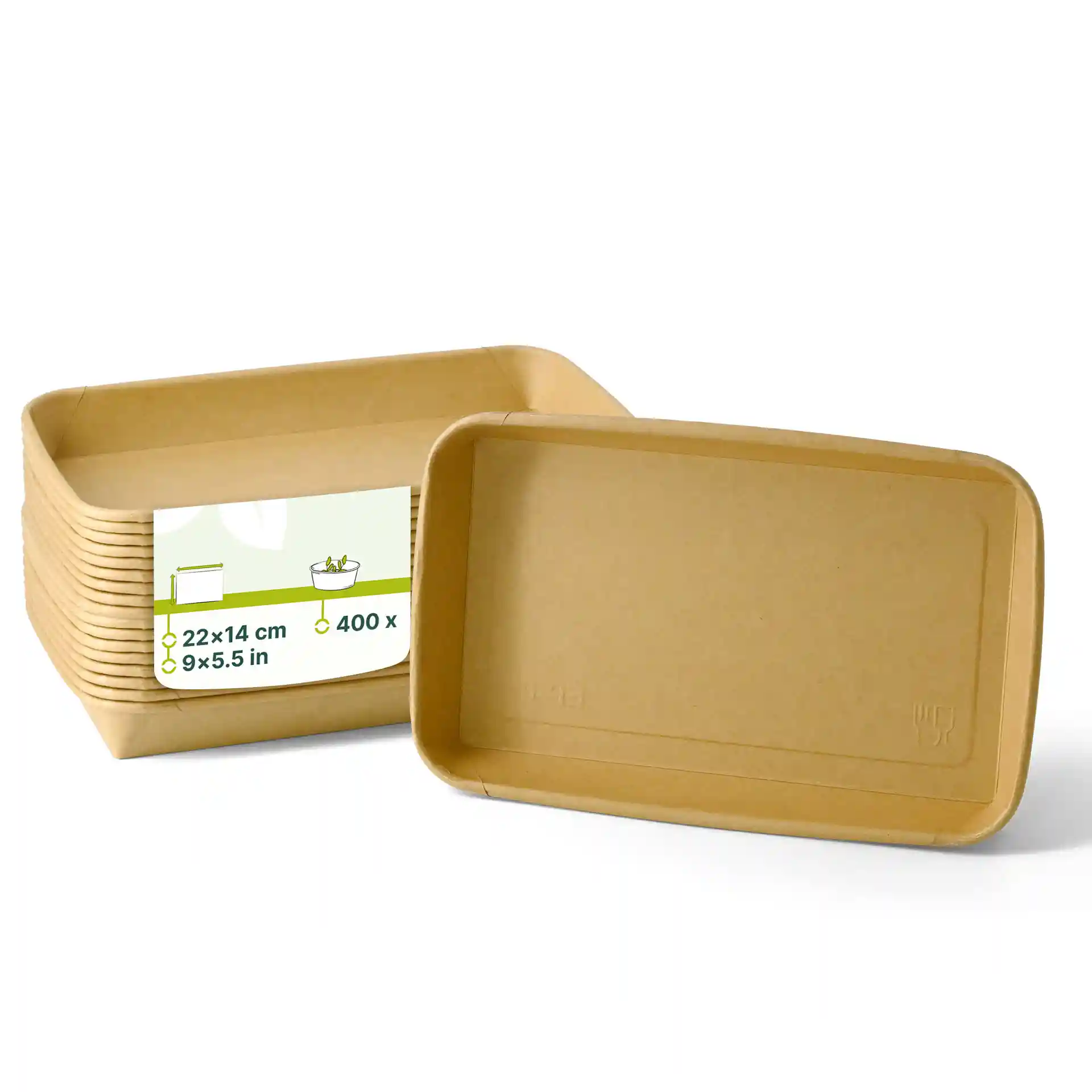 Brown sushi boxes with dimensions 22 x 14 cm, stacked with one box slightly tilted to show the interior.